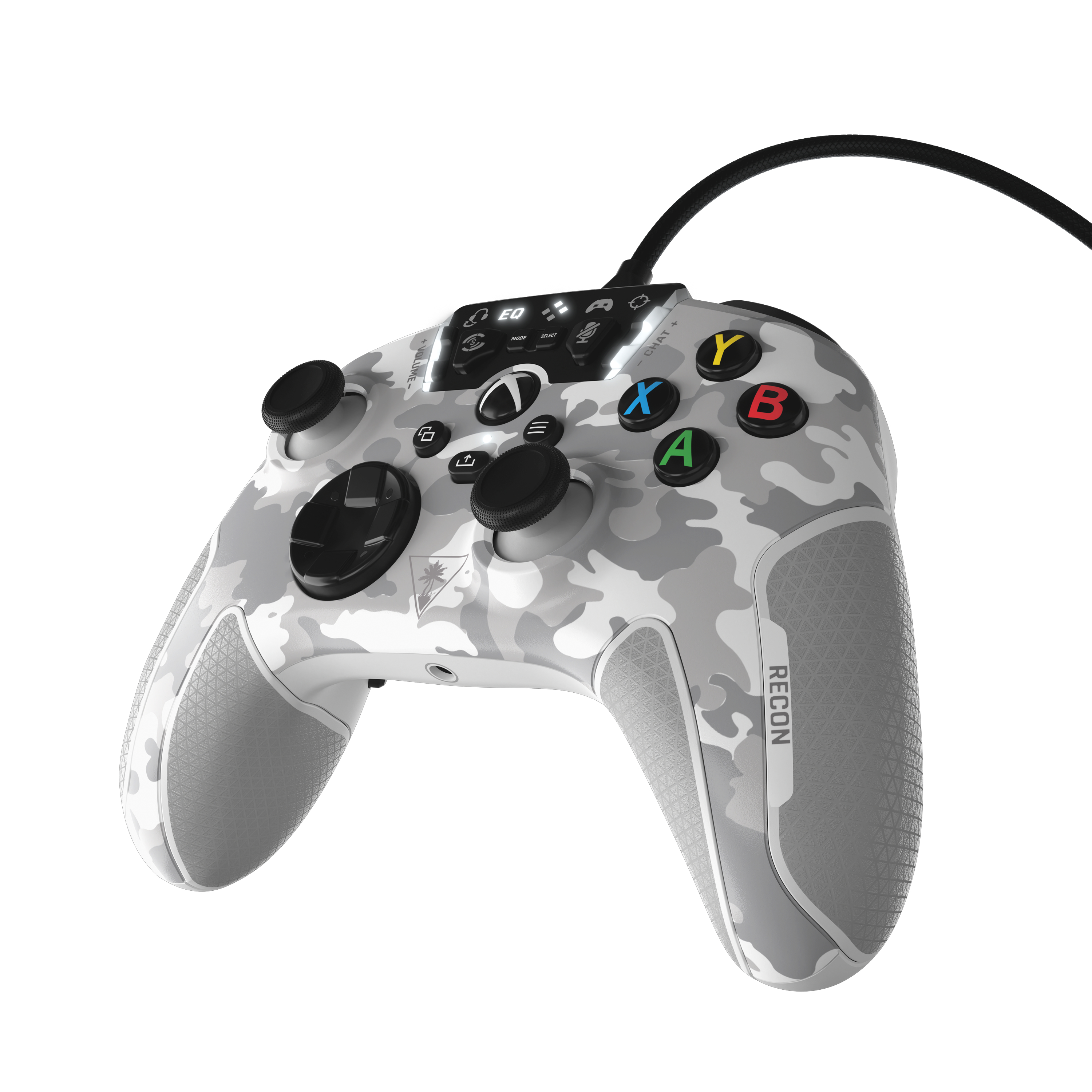 Biało-szary kamuflażowy kontroler Xbox. Czarne przyciski i joystick. Widoczne Turtle Beach Recon.