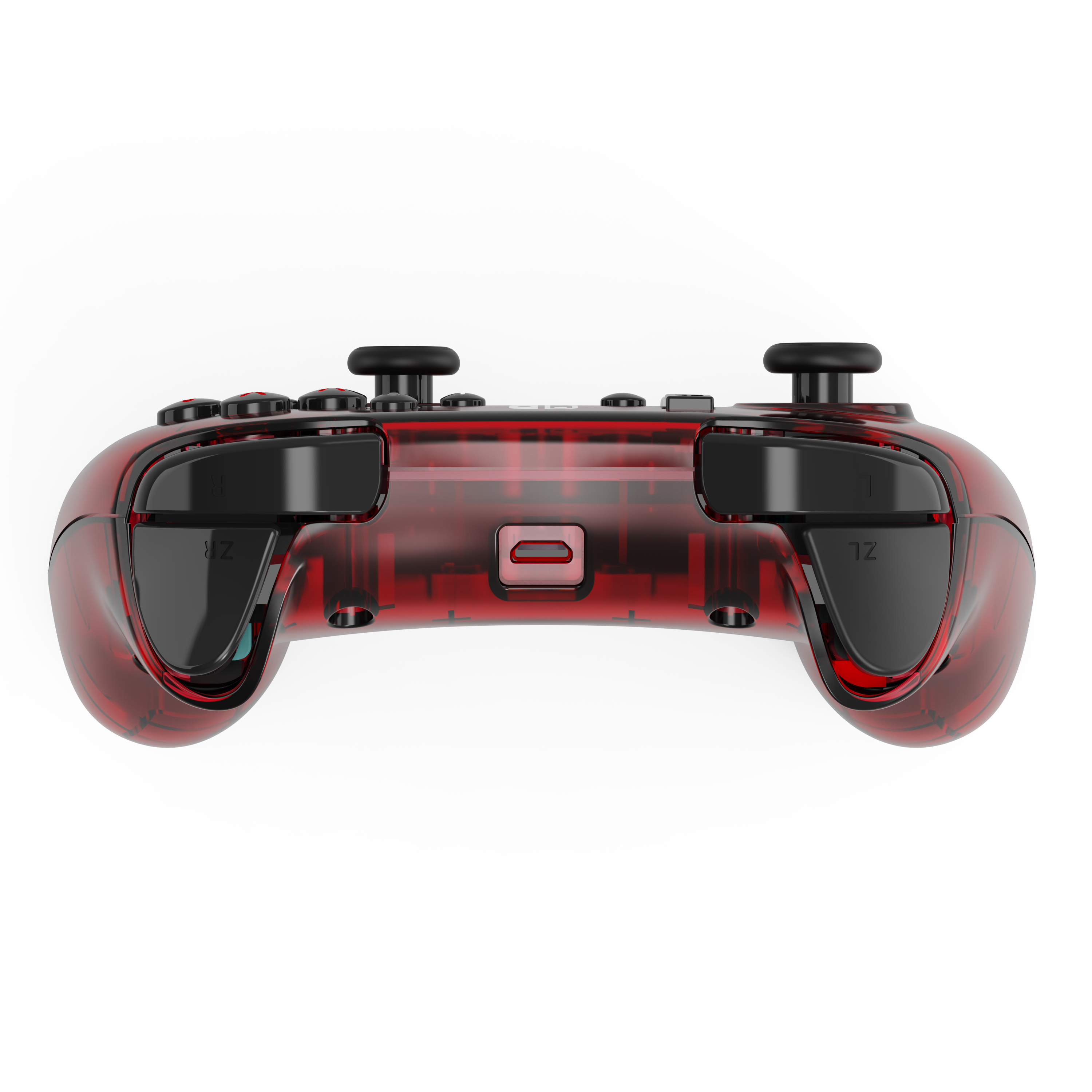 Czerwony przezroczysty kontroler. Przyciski ZL i ZR są niebieskie. Widoczne elementy wewnętrzne.