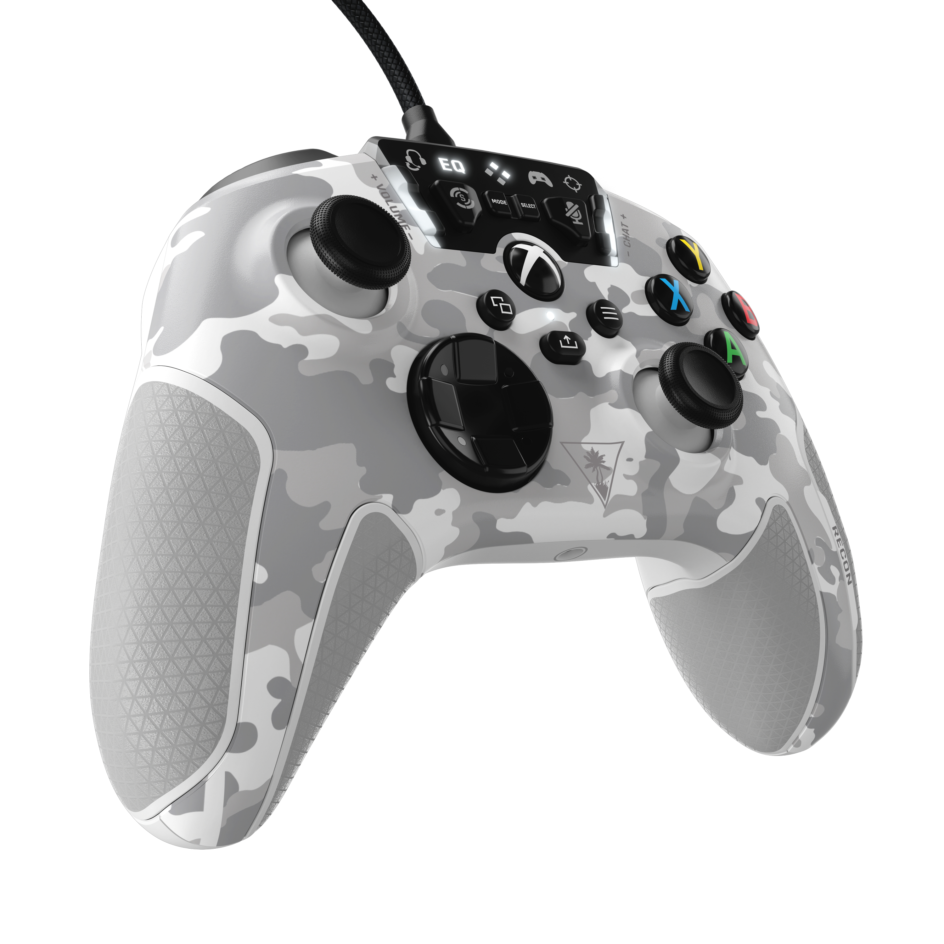 Biało-szary kamuflażowy kontroler Xbox. Czarne przyciski i joystick. Widoczne Turtle Beach Recon.