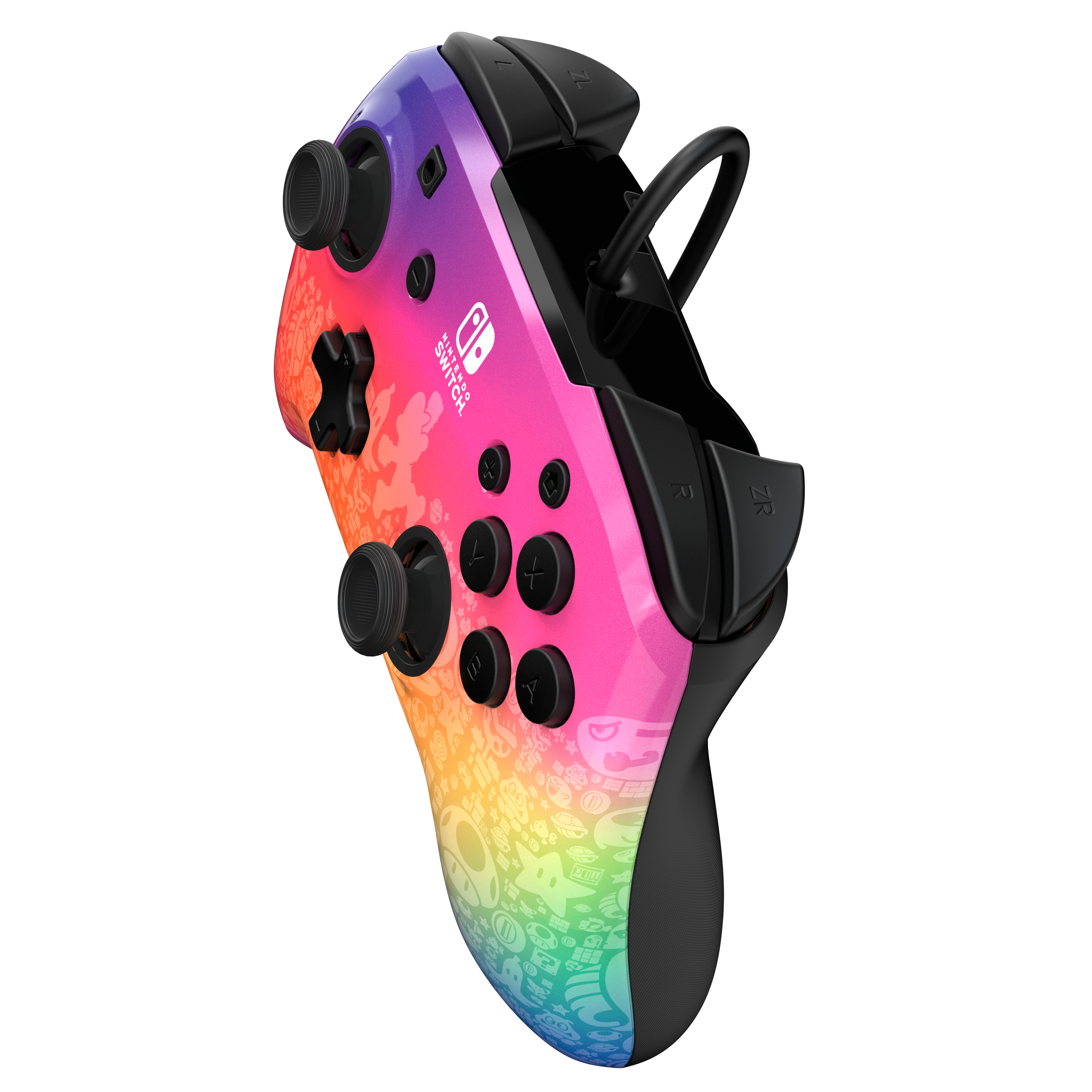 Kolorowy kontroler z gradientem. Kontroler Nintendo Switch. Czarne joysticki i przyciski.