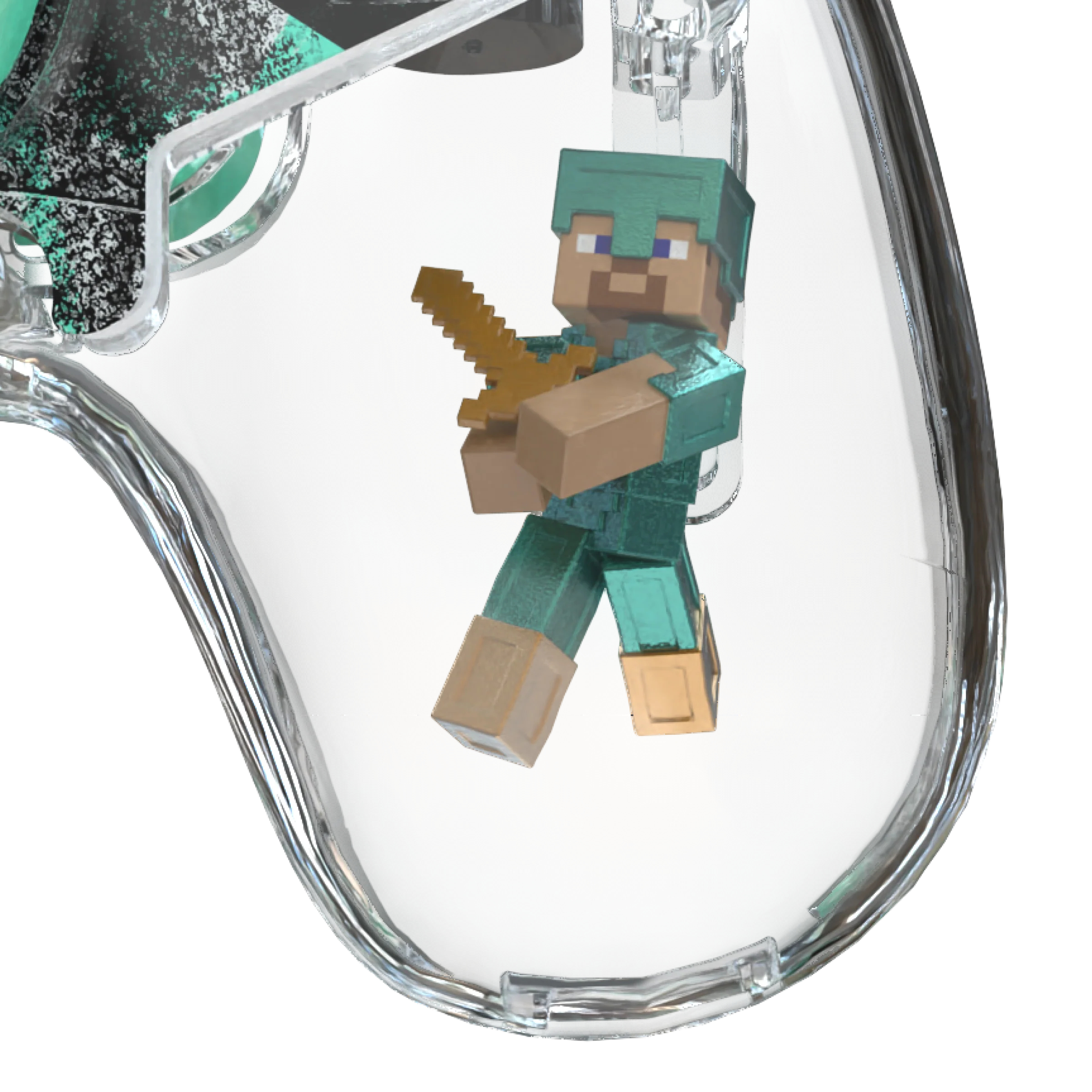 Przezroczysty kontroler z postacią z Minecrafta w środku. Zielone joysticki. Czarne przyciski i detale.