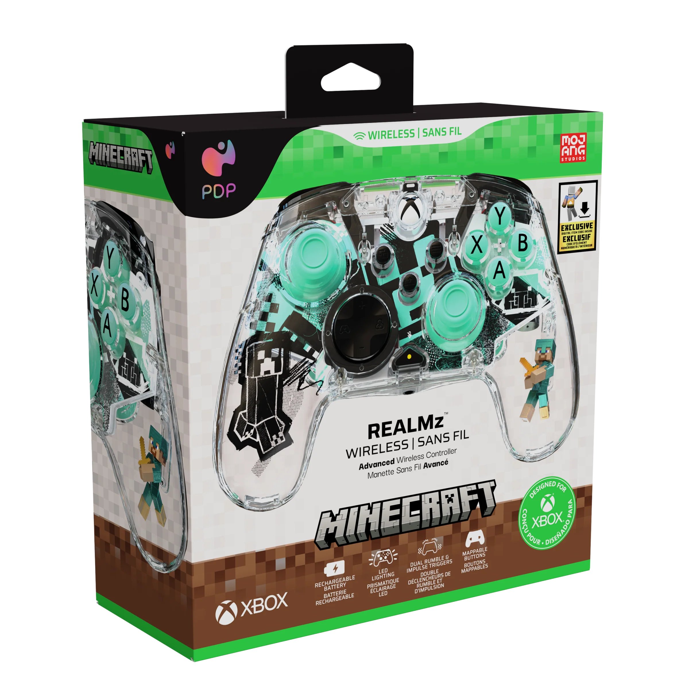 Pudełko z przezroczystym kontrolerem z motywem Minecraft.