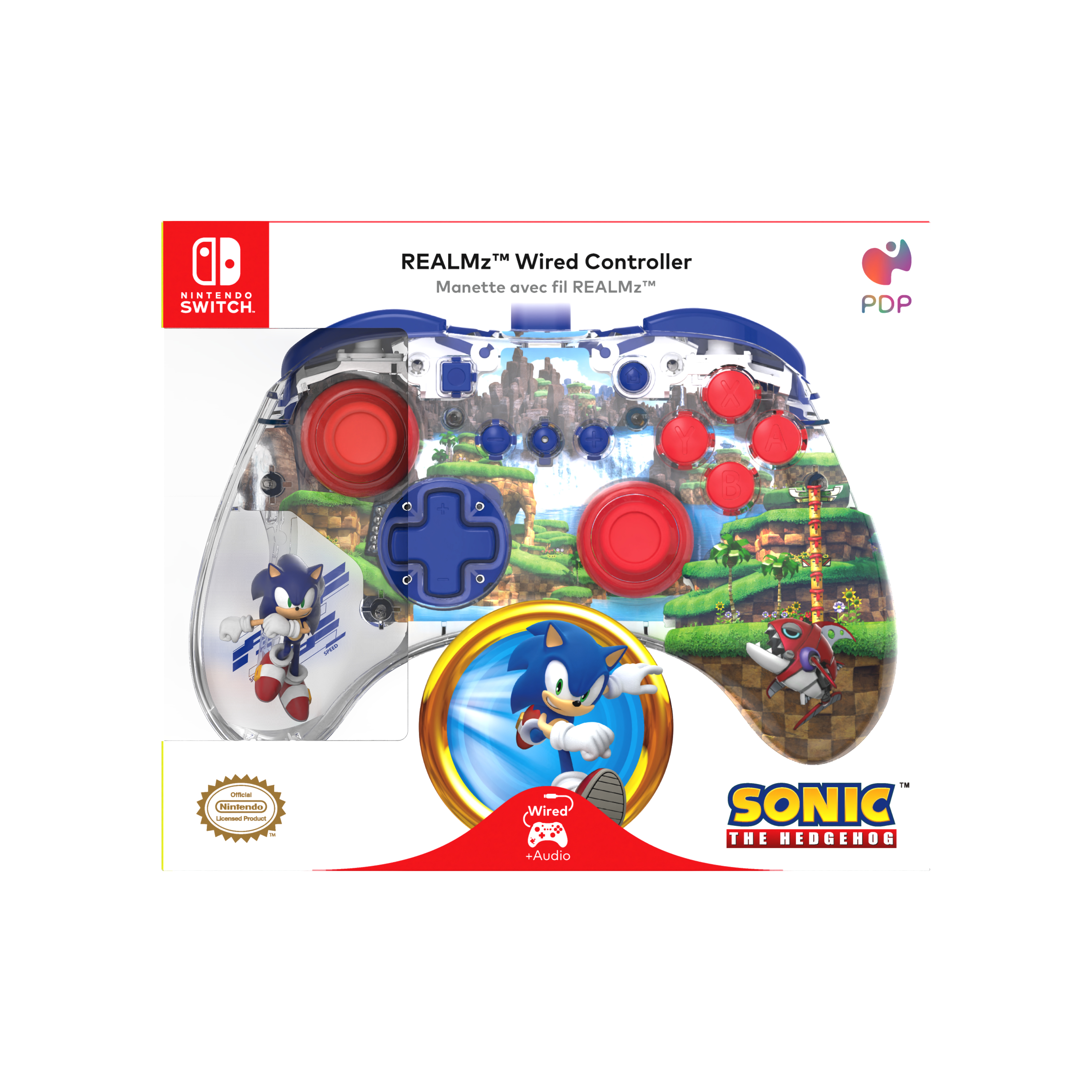 Pudełko kontrolera z kontrolerem Sonic the Hedgehog w środku. Kontroler jest niebieski i przezroczysty.