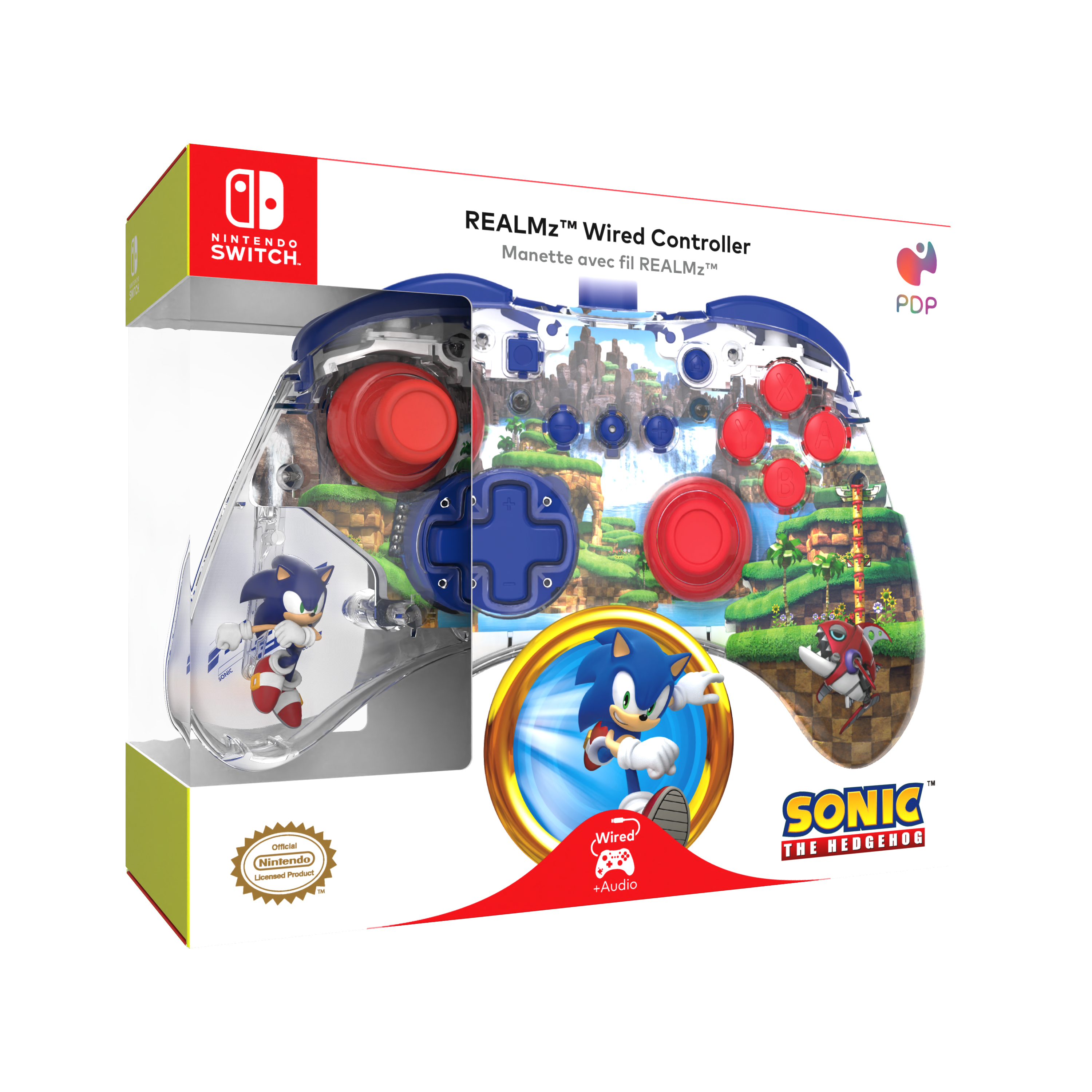 Pudełko kontrolera z kontrolerem Sonic the Hedgehog w środku. Kontroler jest niebieski i przezroczysty.
