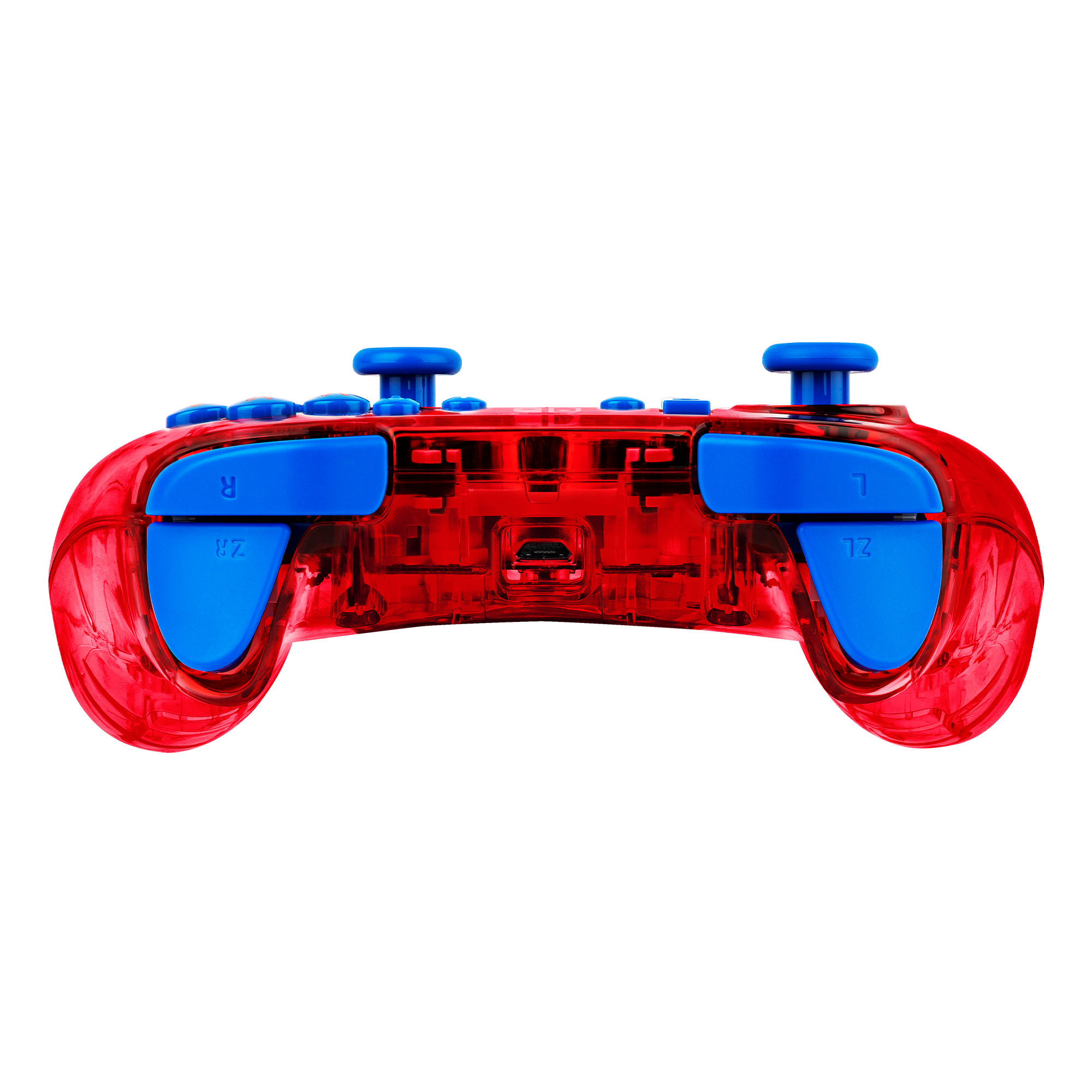 Roter, transparenter Controller. Blaue Knöpfe. ZL- und ZR-Tasten sind sichtbar. Interne Komponenten sind sichtbar.