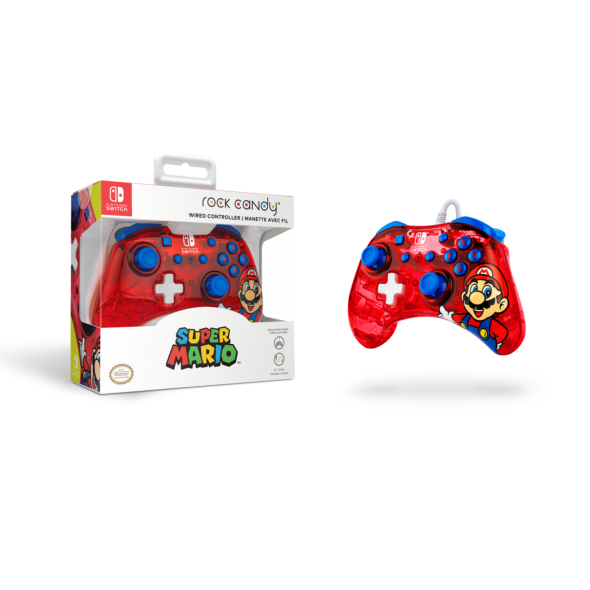 Ein roter Mario-Controller in einer Schachtel. Der Controller ist rot mit blauen Knöpfen.