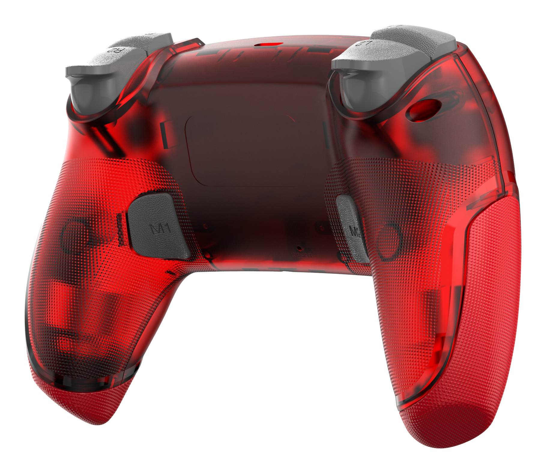 Roter, durchsichtiger Controller mit schwarzen Knöpfen und Griffen, von hinten betrachtet.