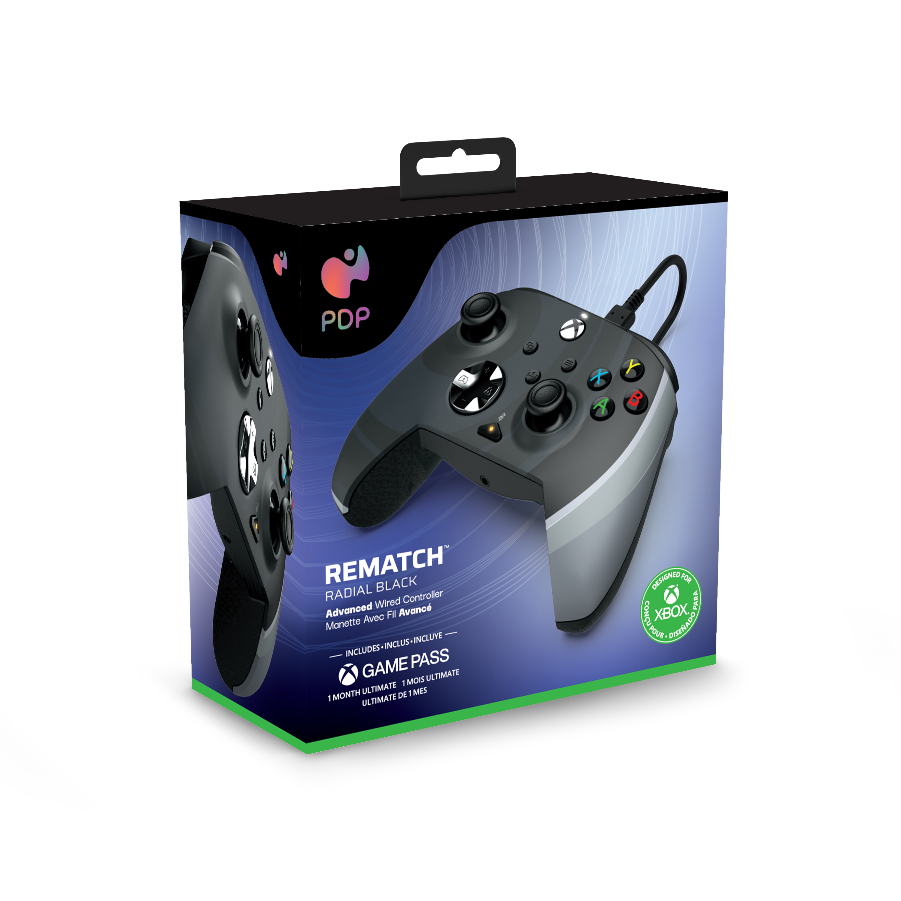Mando Xbox negro y gris en una caja. La caja presenta una imagen y texto del mando.