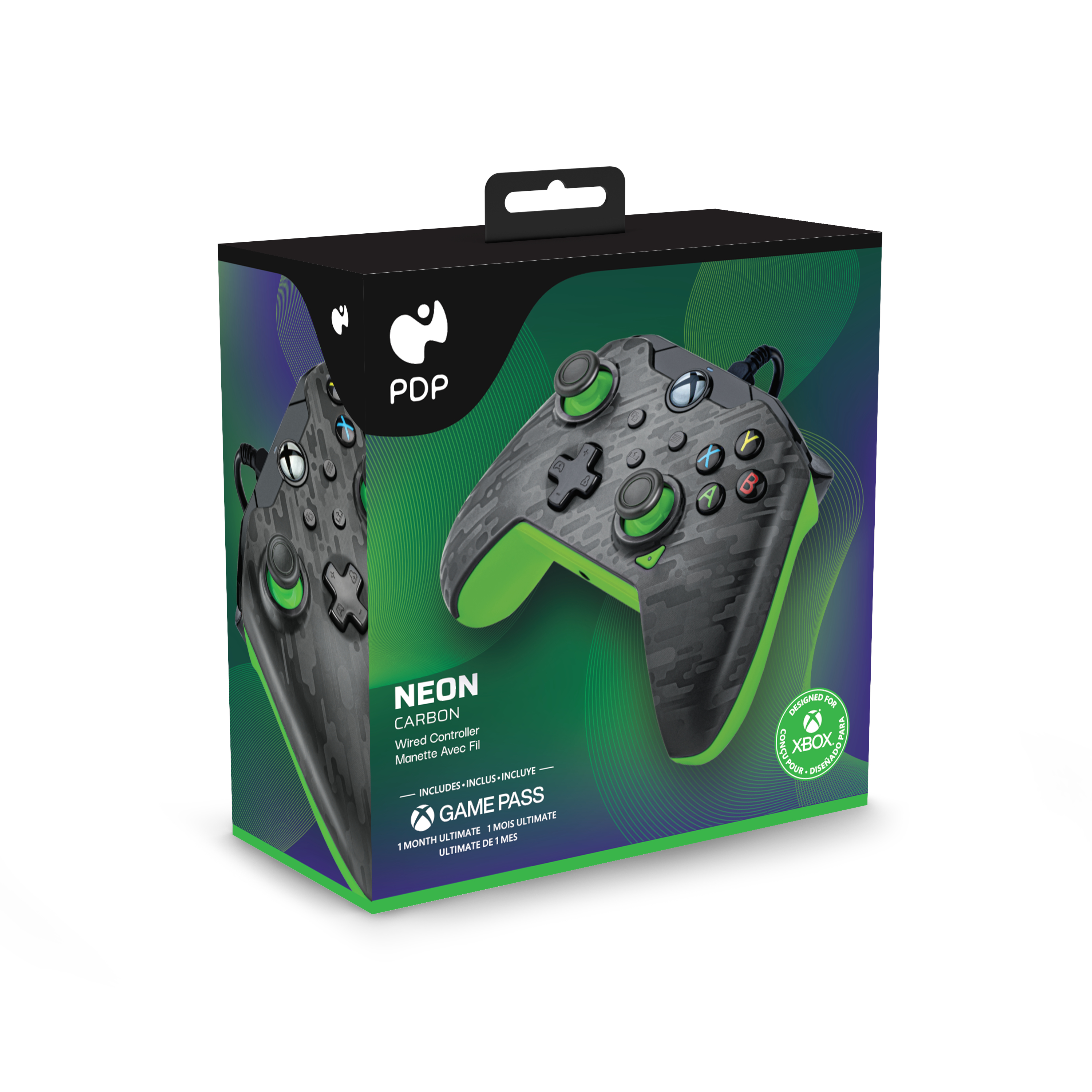 Controller neon in una scatola. Il controller ha un design mimetico nero e verde.