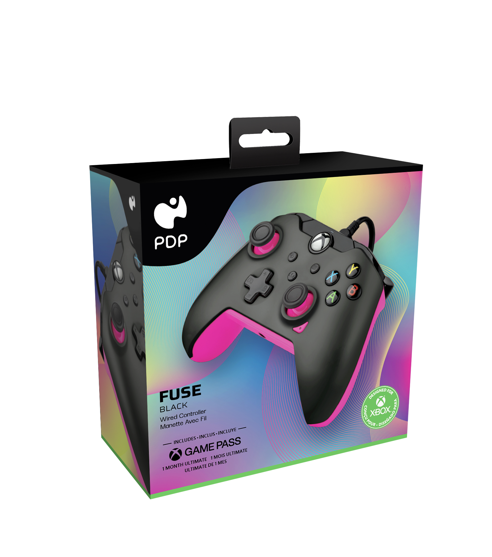 Manette Xbox noire dans une boîte colorée. La manette a des accents roses et la boîte une poignée.