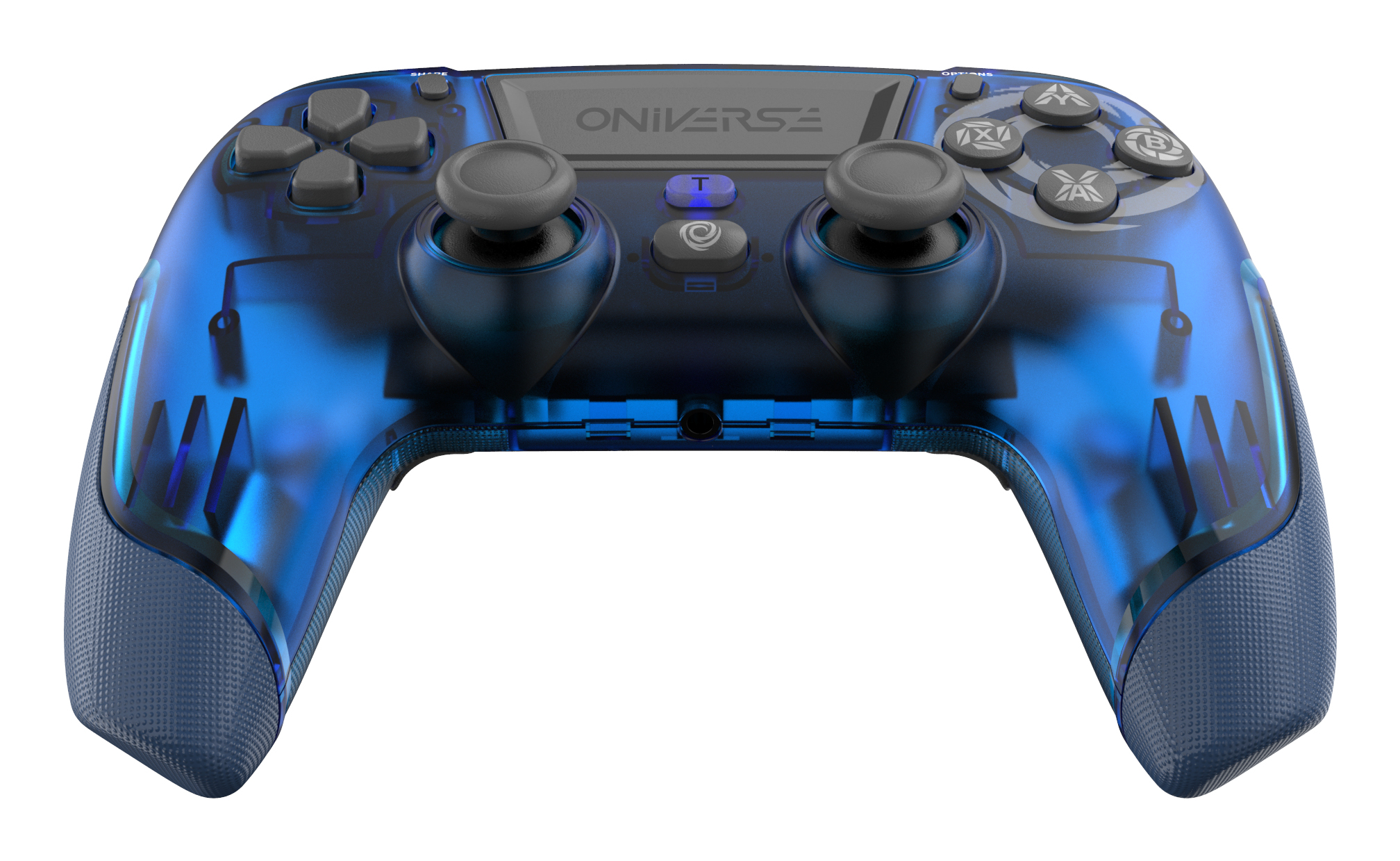 Un controller blu trasparente con componenti interni visibili. Ha levette e pulsanti grigi.