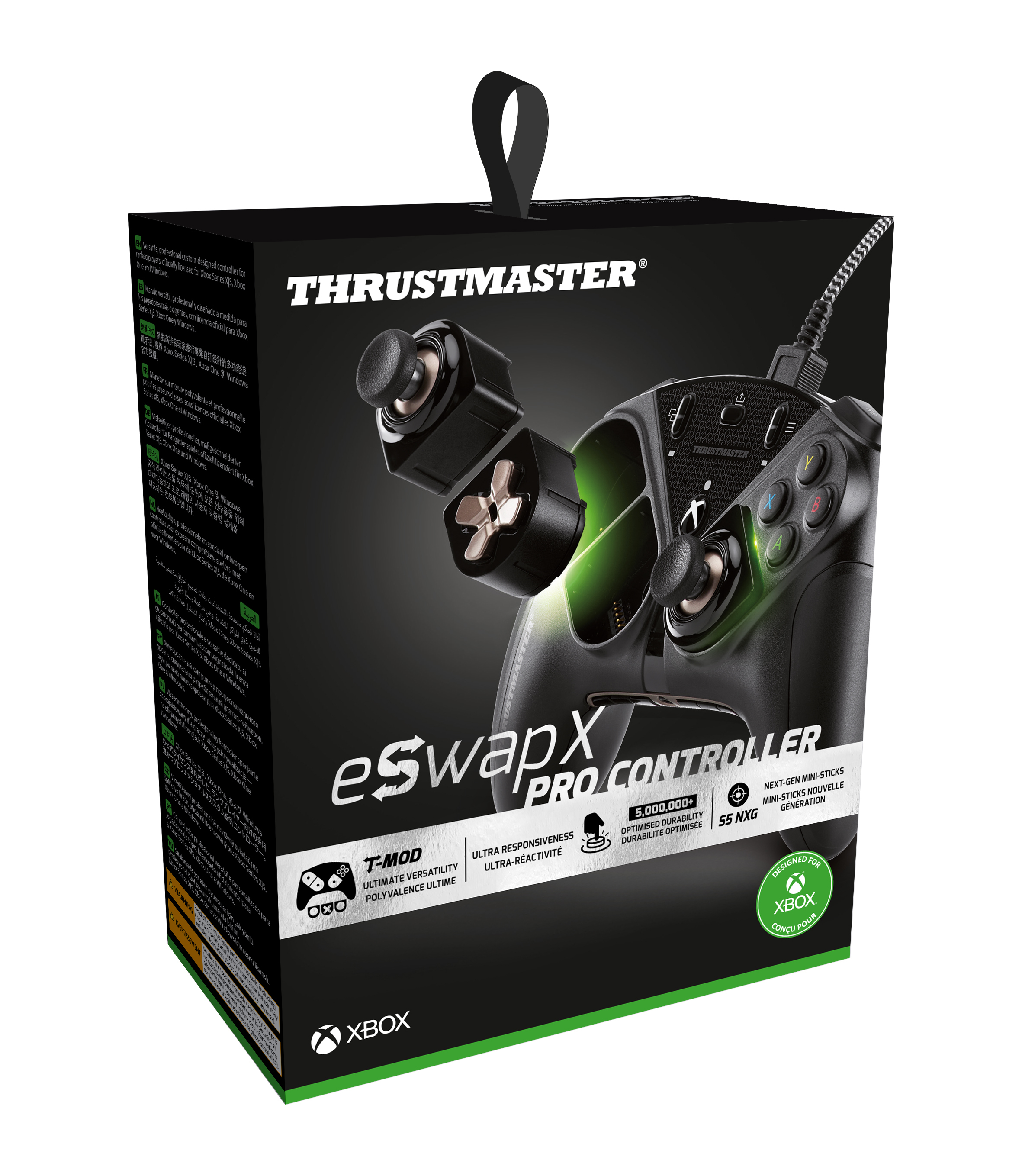 Czarne i zielone pudełko Thrustmaster eSwap X Pro Controller. Zawiera kontroler i jego komponenty.