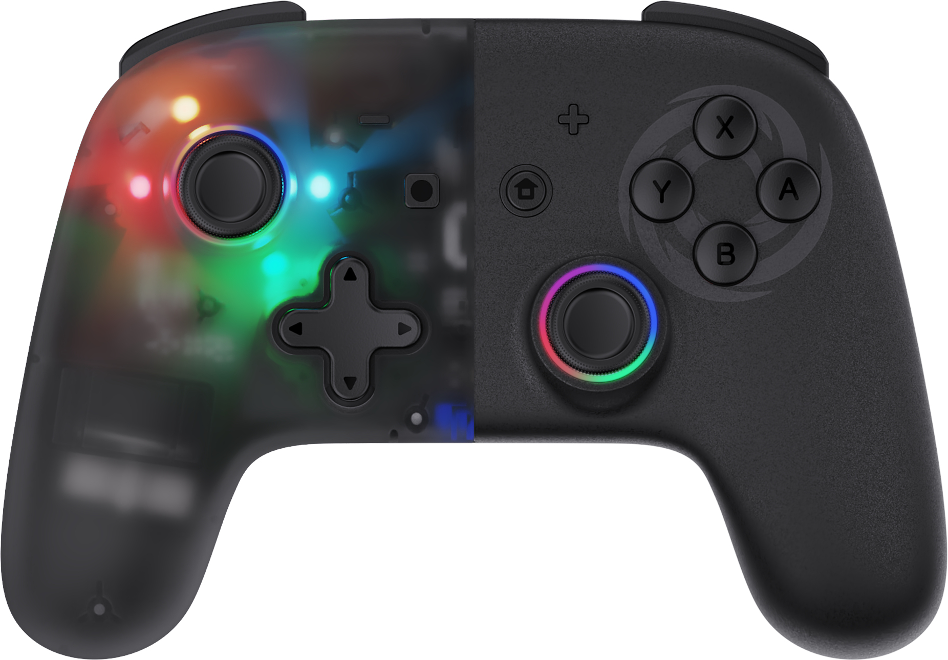 Un mando negro con un panel transparente que muestra componentes internos, con luces de colores.