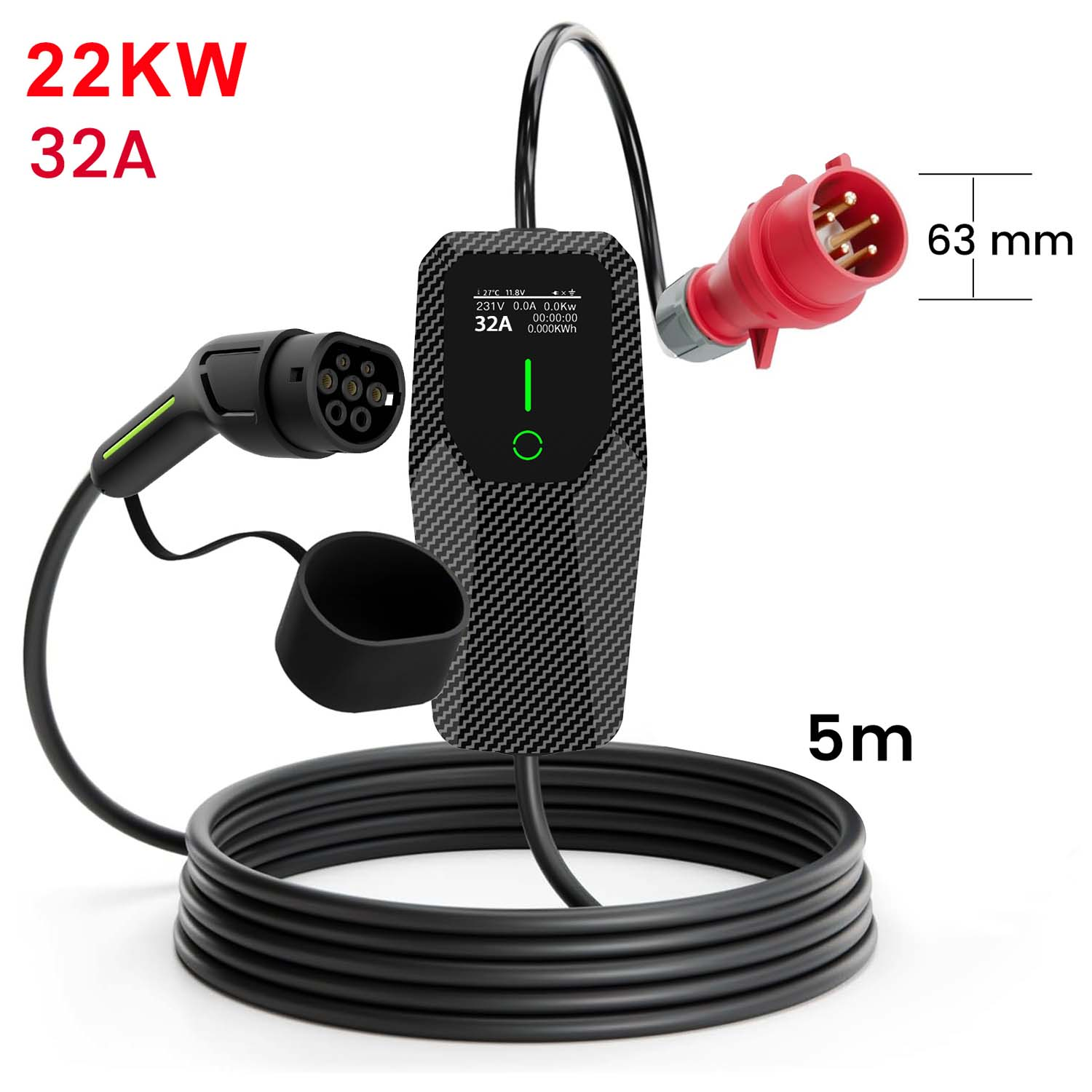 Caricabatterie EV con display digitale, connettori e cavo da 5m. Testo: 22KW 32A. Connettore rosso 63 mm.