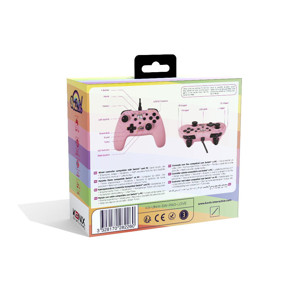 Różowe pudełko kontrolera ze zdjęciem kontrolera i tekstem o przyciskach i funkcjach.