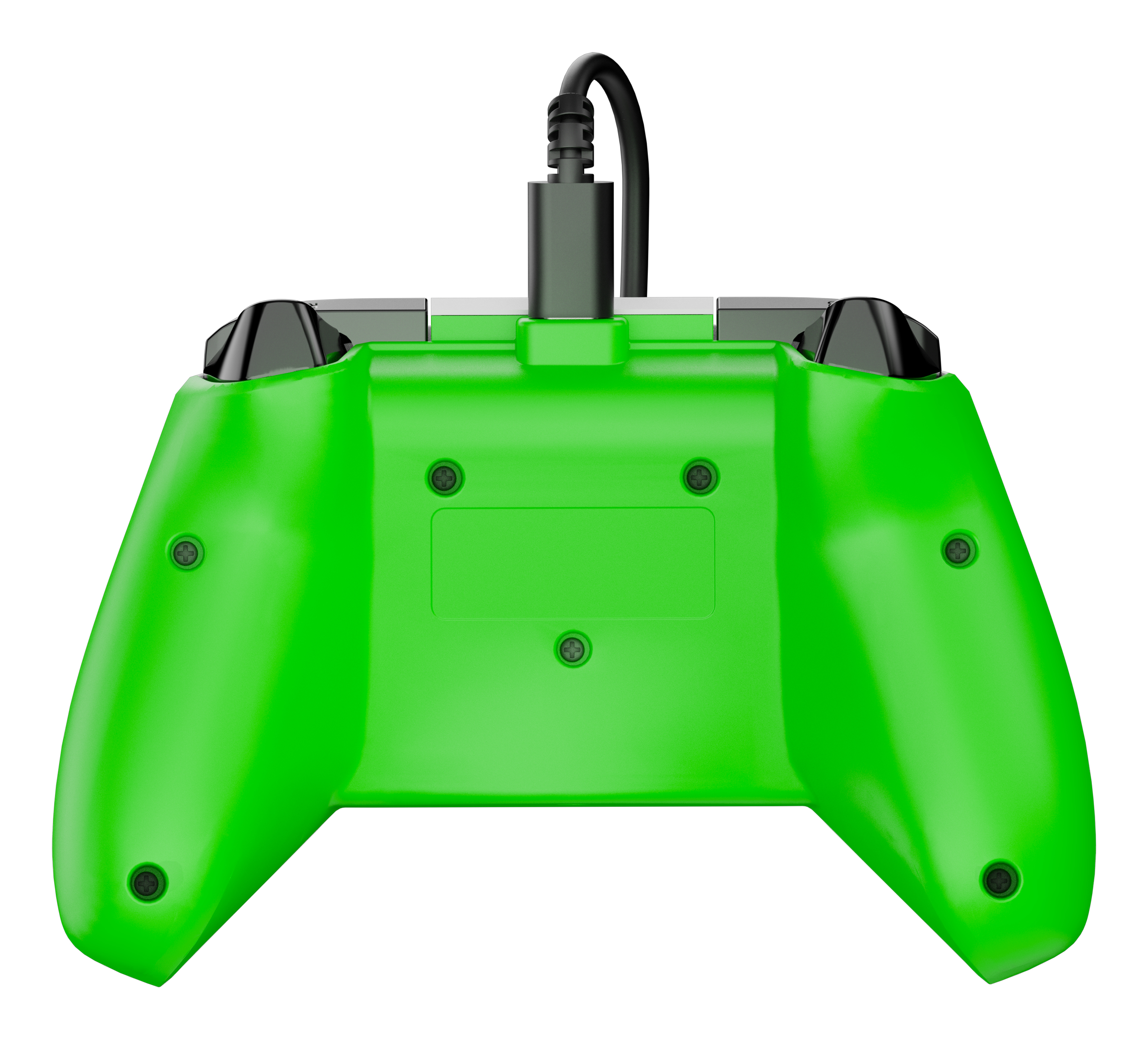 Zielony kontroler do gier, widok z tyłu, z dołączonym czarnym kablem.