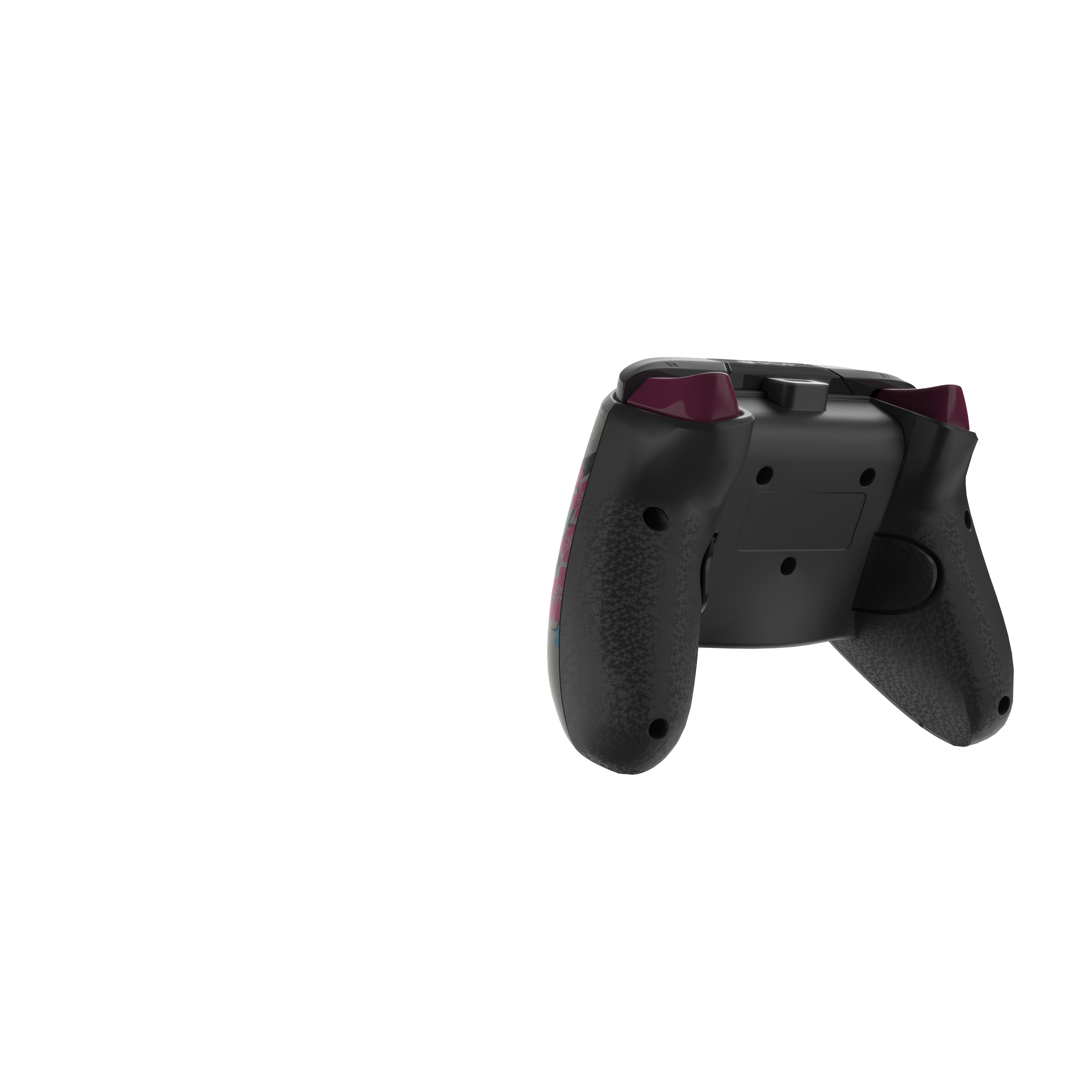 Czarny kontroler do gier, widok z tyłu, z bordowymi przyciskami i uchwytami.