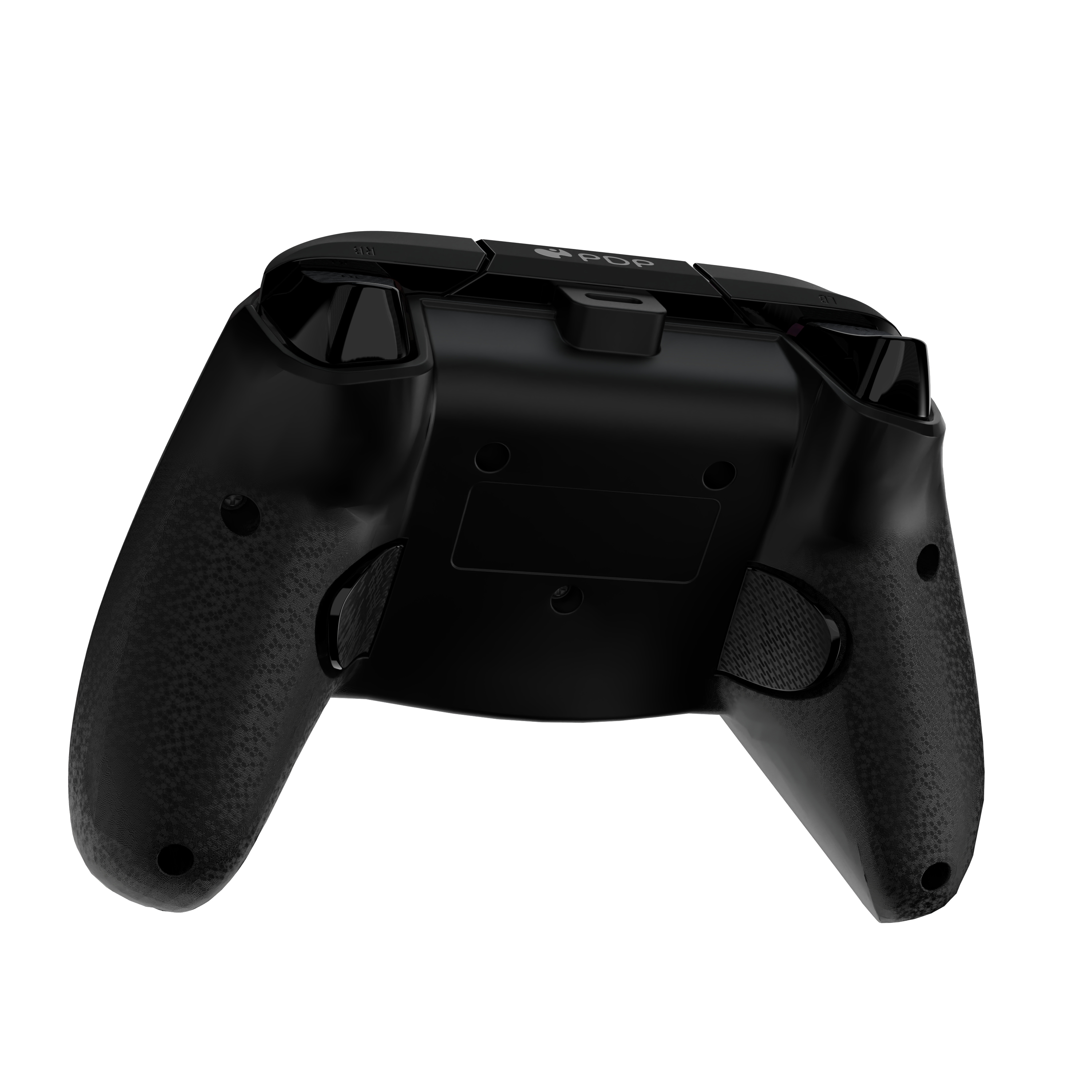 Czarny kontroler do gier, widok z tyłu, z teksturowanymi uchwytami i logo.