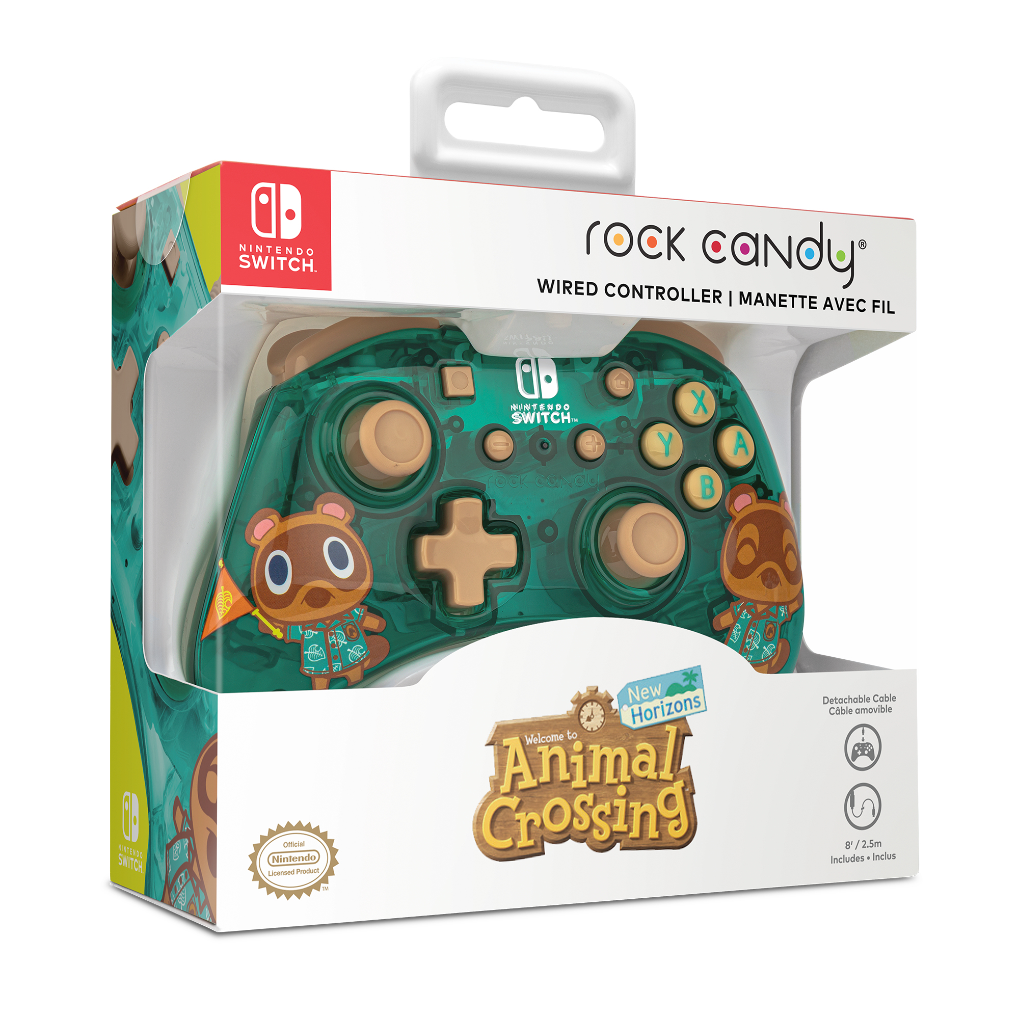 Kontroler w pudełku z motywem Animal Crossing. Kontroler jest zielony i brązowy.