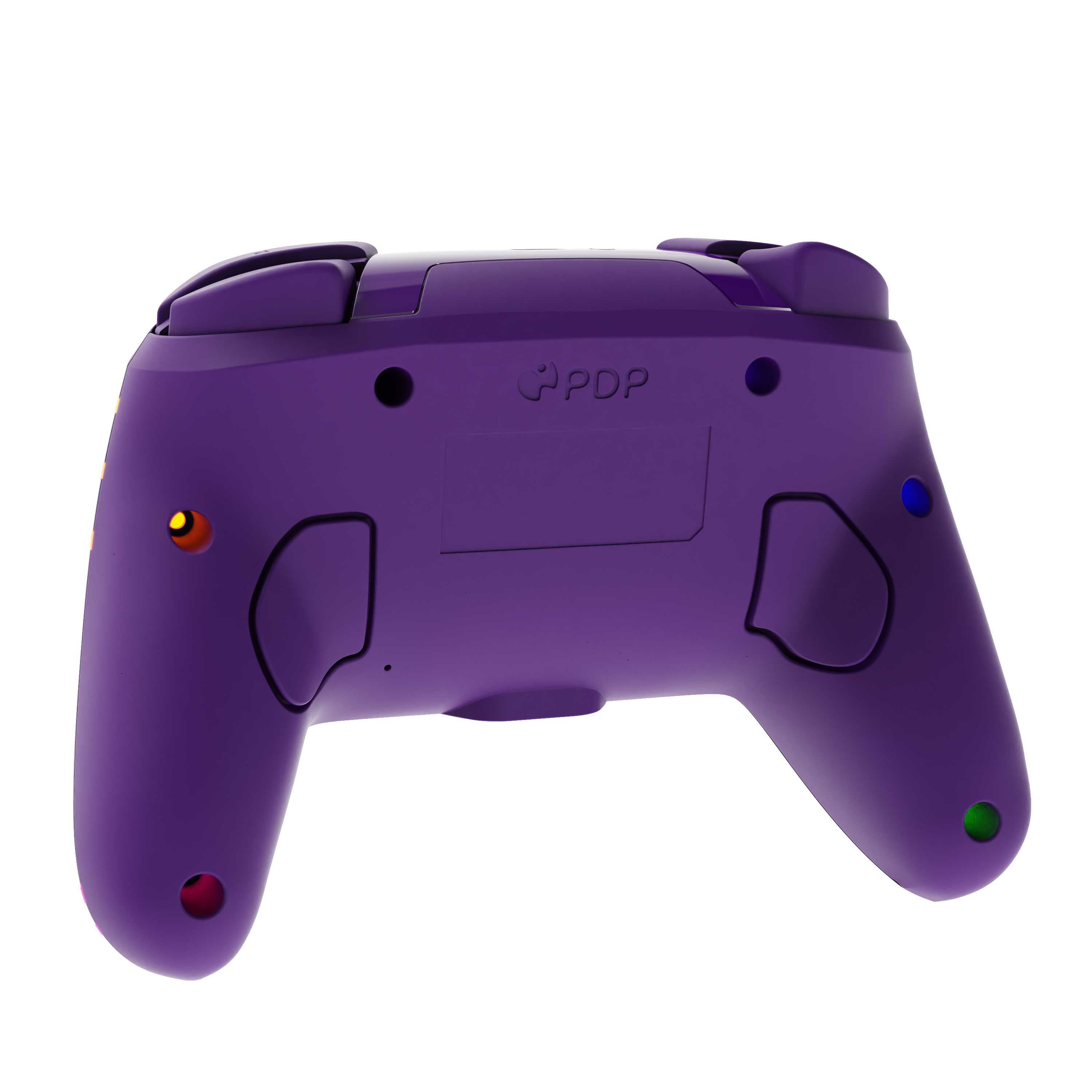 Rückseite eines lilafarbenen Controllers mit PDP-Logo und verschiedenen farbigen Knöpfen.