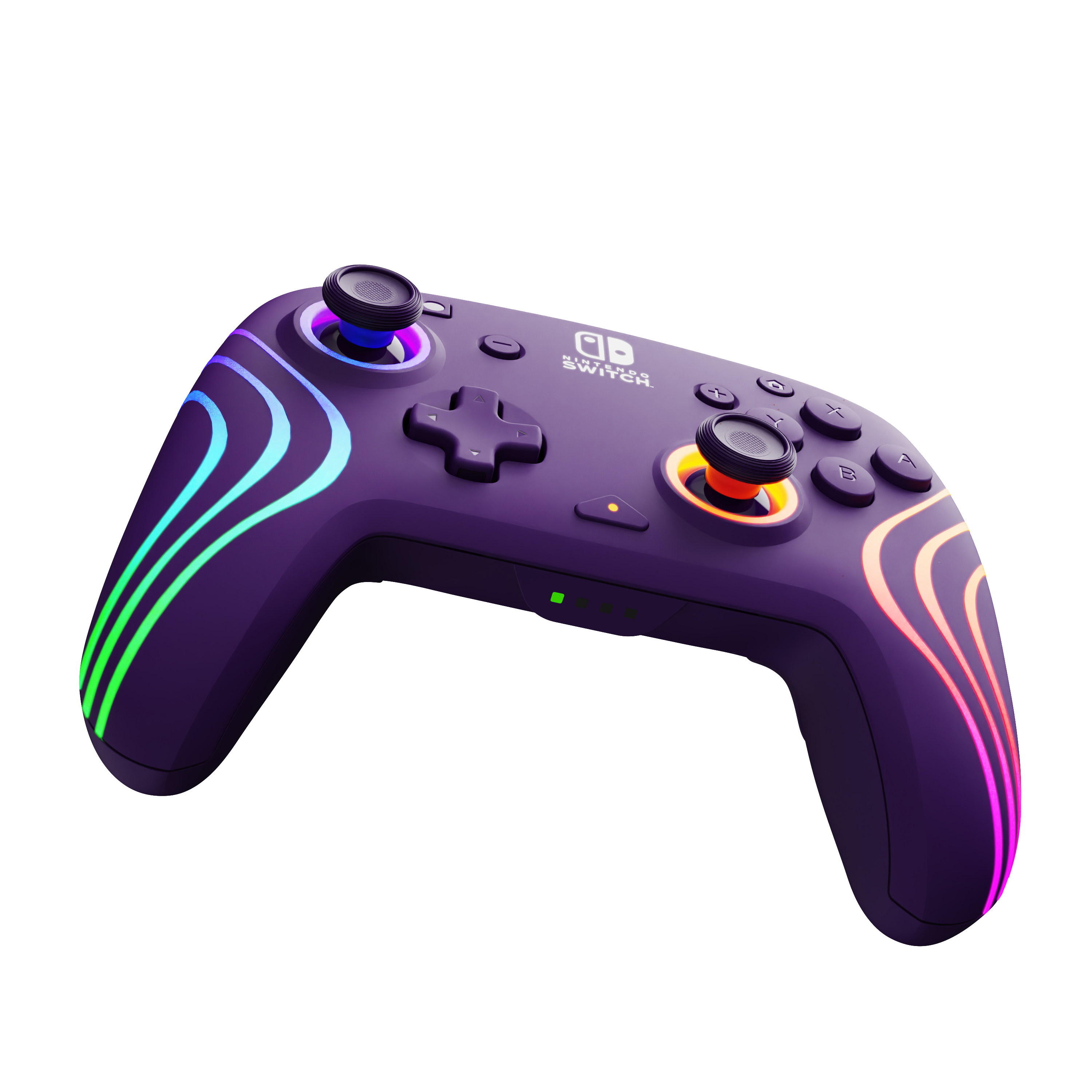 Lila Nintendo Switch-Controller mit farbigen Lichtstreifen.
