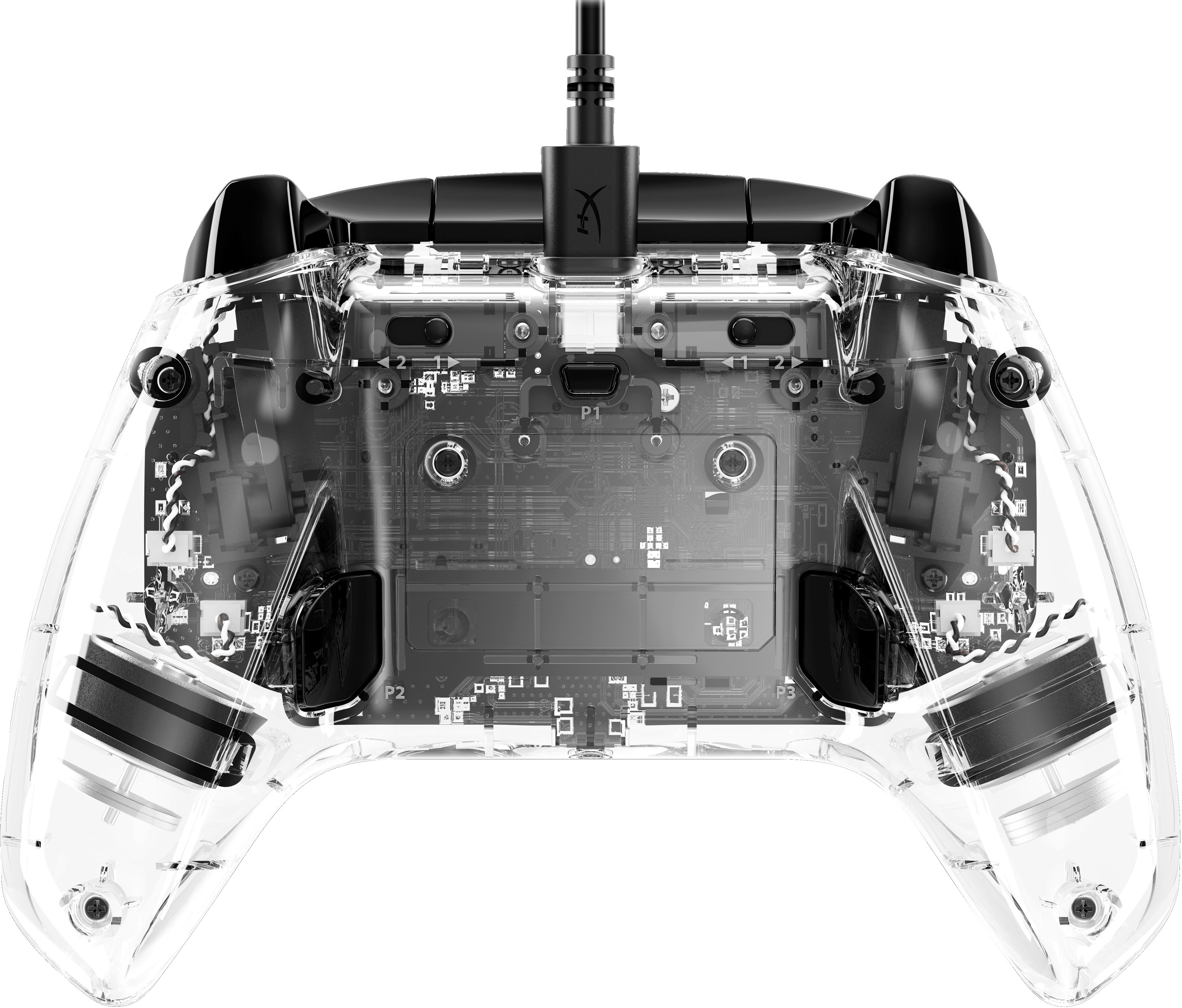 Tył przezroczystego kontrolera Xbox z widocznymi elementami wewnętrznymi i kablem.