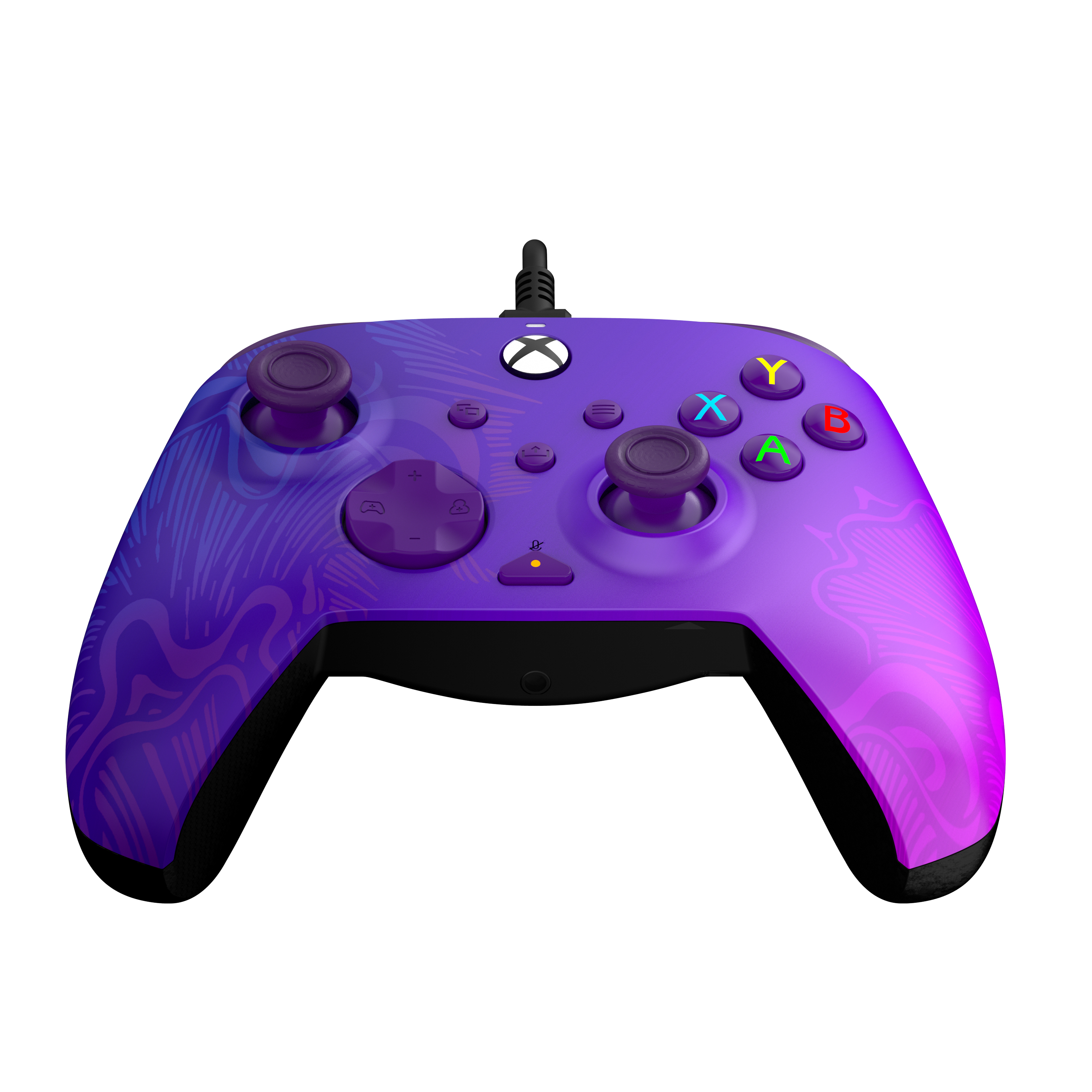 Un mando Xbox morado con un diseño en espiral y botones de colores.