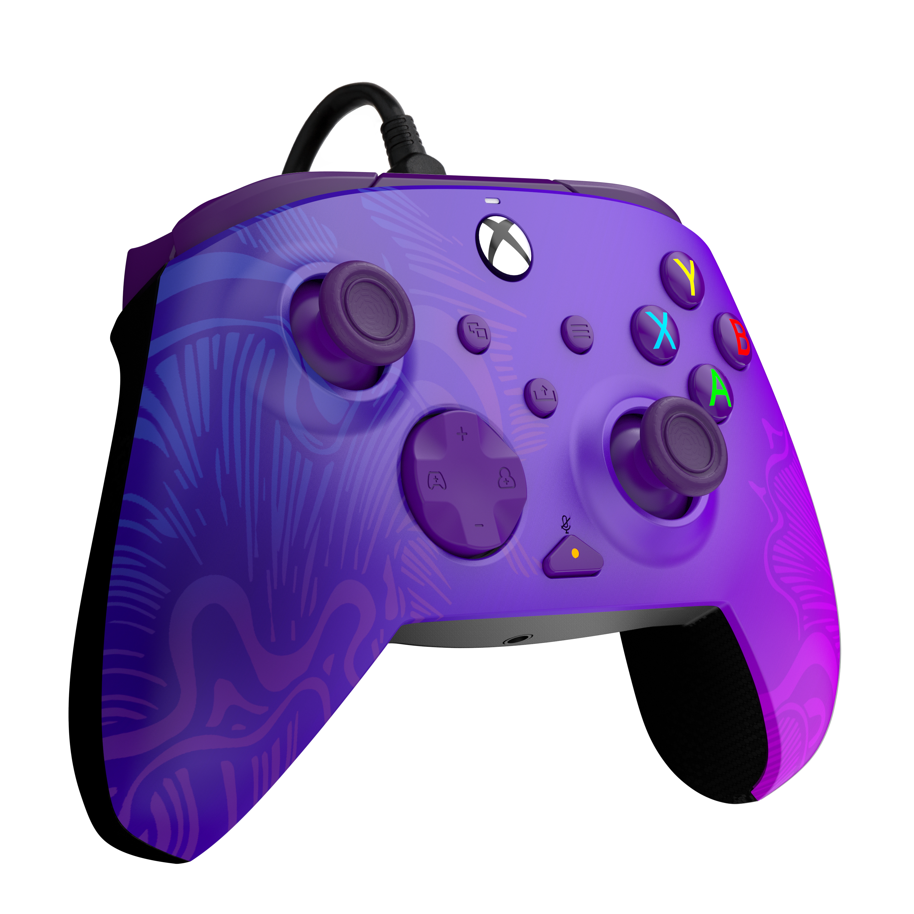 Mando morado con patrón, logo de Xbox y botones de colores, con cable.