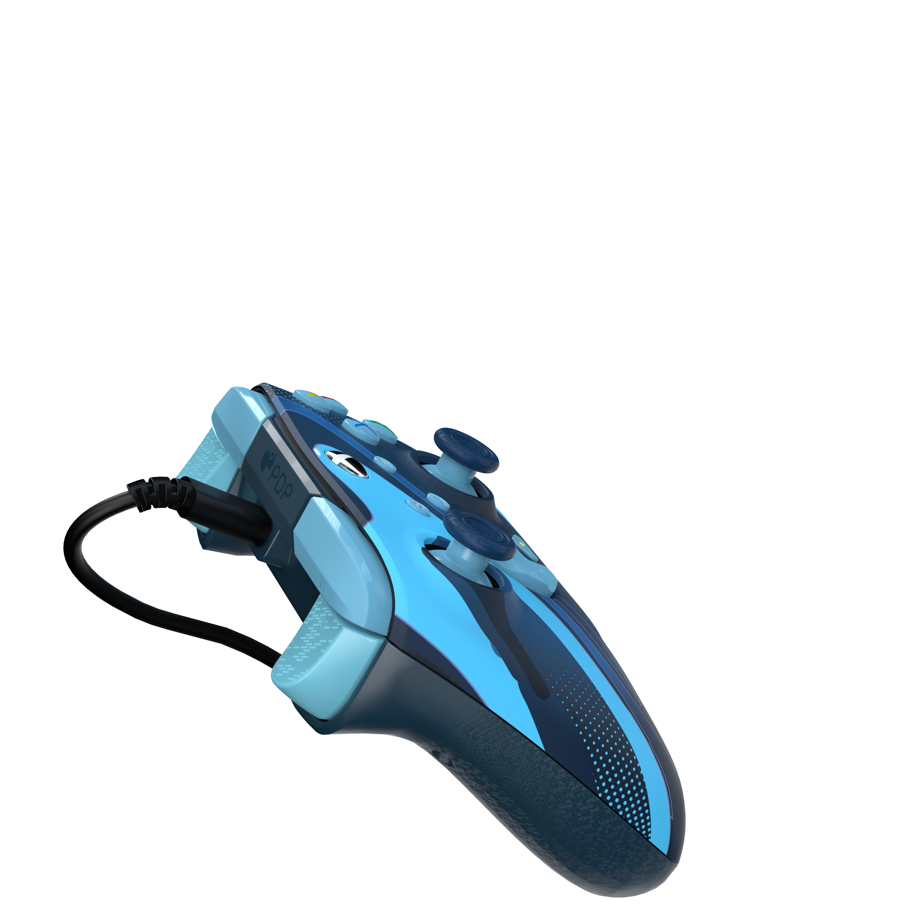 Niebiesko-granatowy kontroler, widok z boku, z kablem.