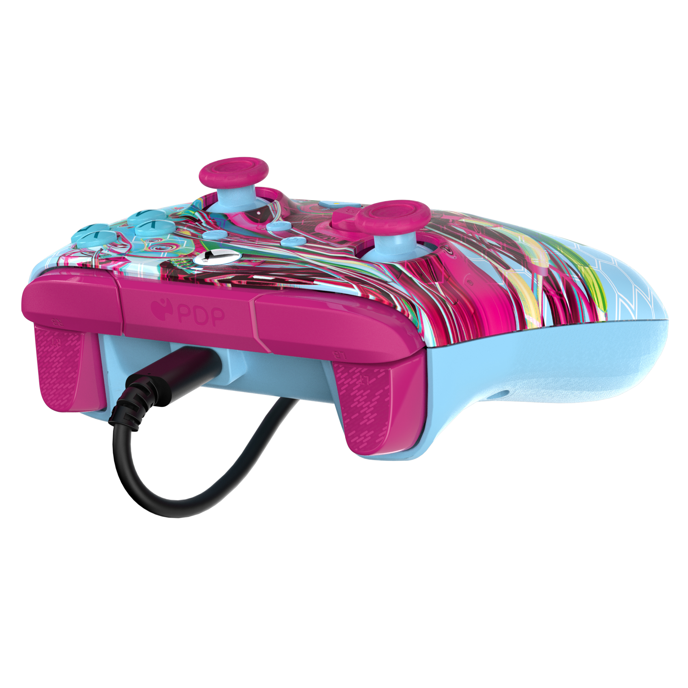 Różowo-niebieski kontroler z czarnym kablem, widok z boku.