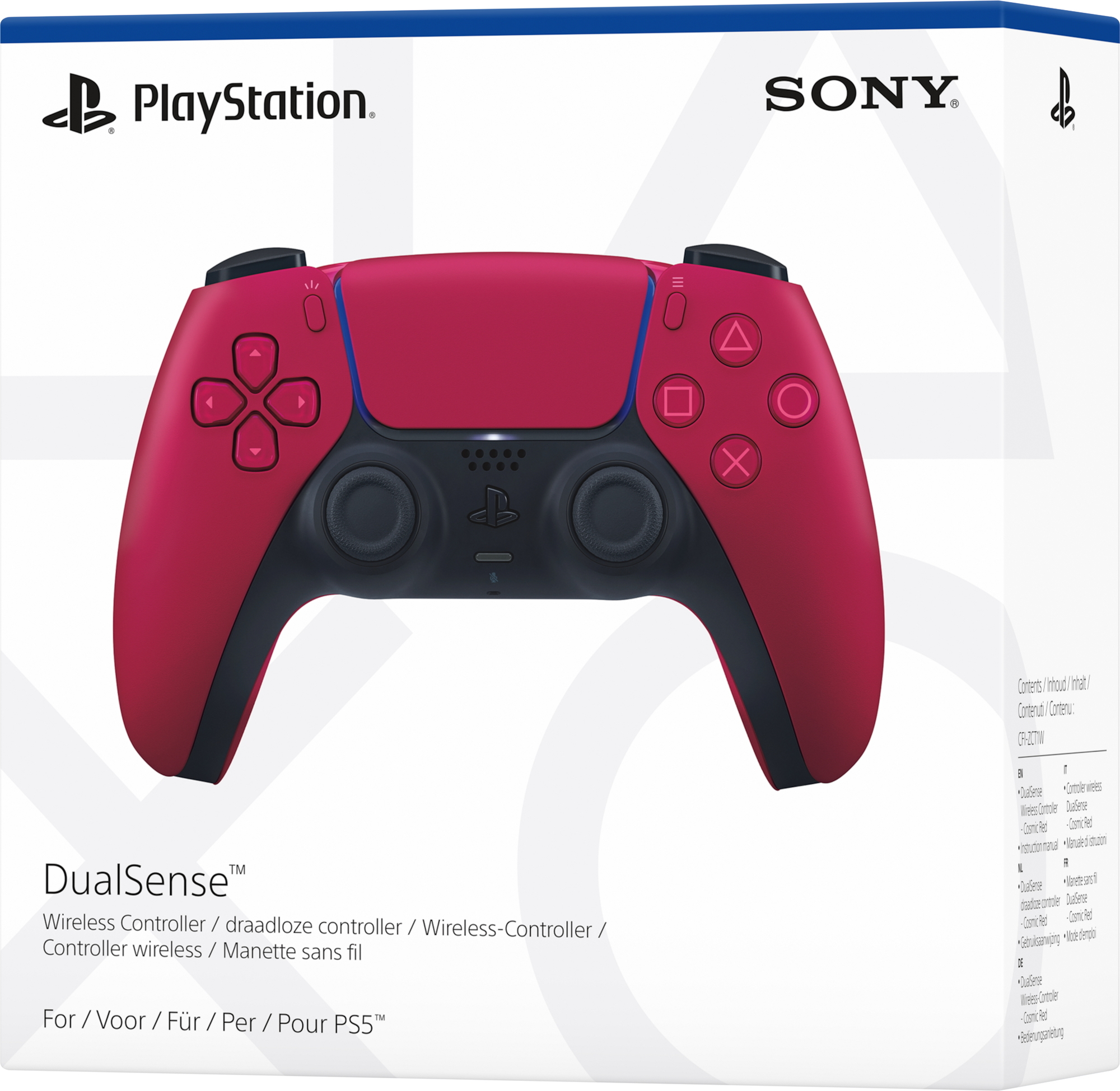 Czerwony kontroler DualSense w pudełku. Logo PlayStation na górze, widoczne przyciski.