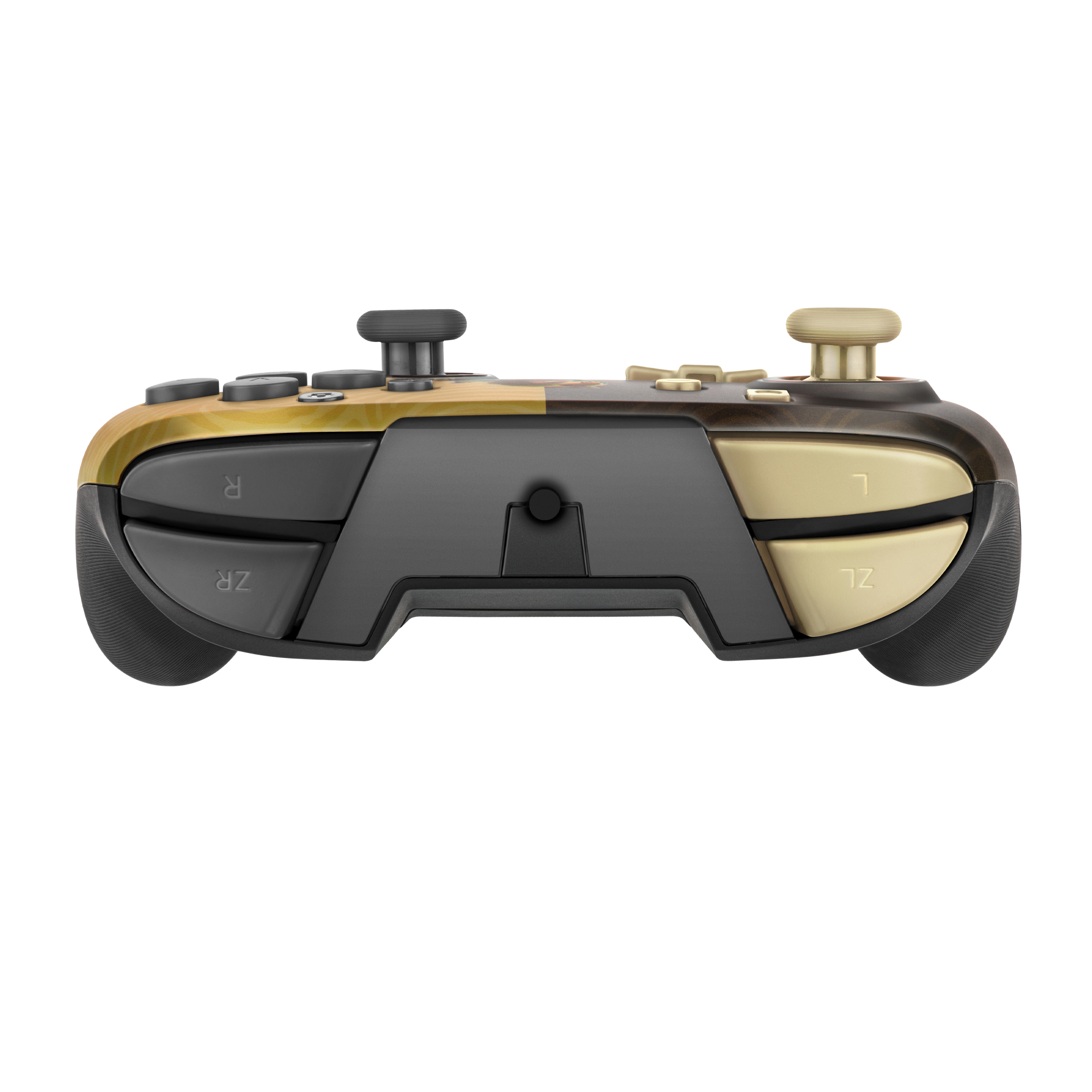 Kontroler Nintendo Switch, czarny i beżowy, z widocznymi przyciskami ZR, ZL, R i L.