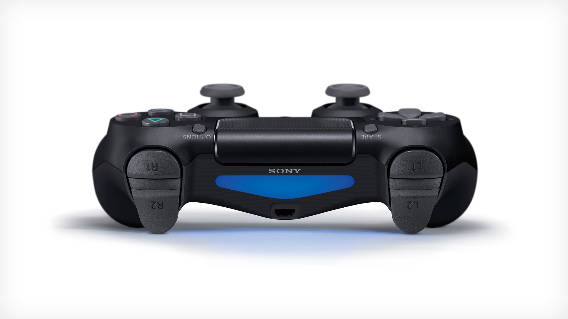 Schwarzer Playstation 4 Controller. Sony-Logo in der Mitte. Blaues Licht unten.