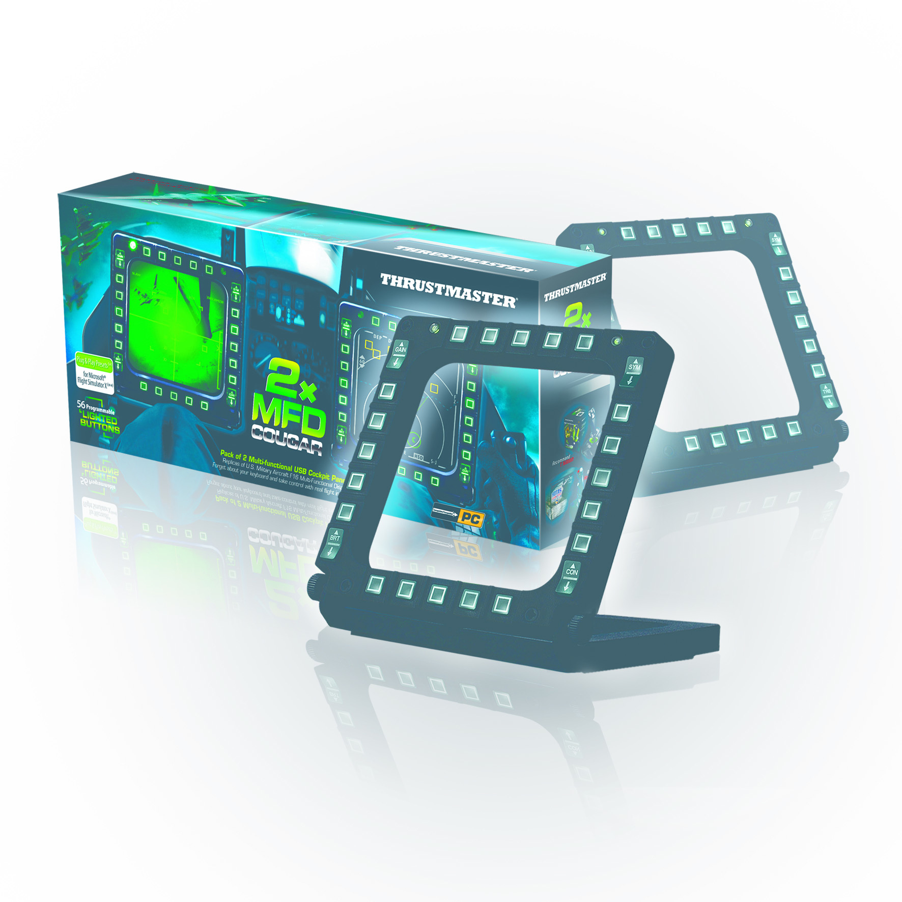 Pannelli Thrustmaster MFD Cougar. Due pannelli in una scatola, schermi verdi, pulsanti e testo.