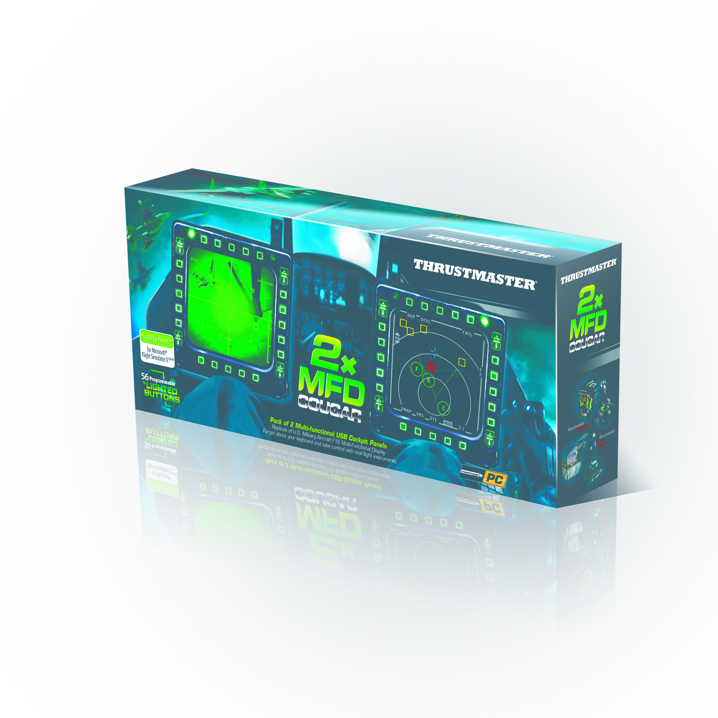 Scatola dei pannelli Thrustmaster 2x MFD Cougar. Schermi verdi, pulsanti e testo. Per PC.