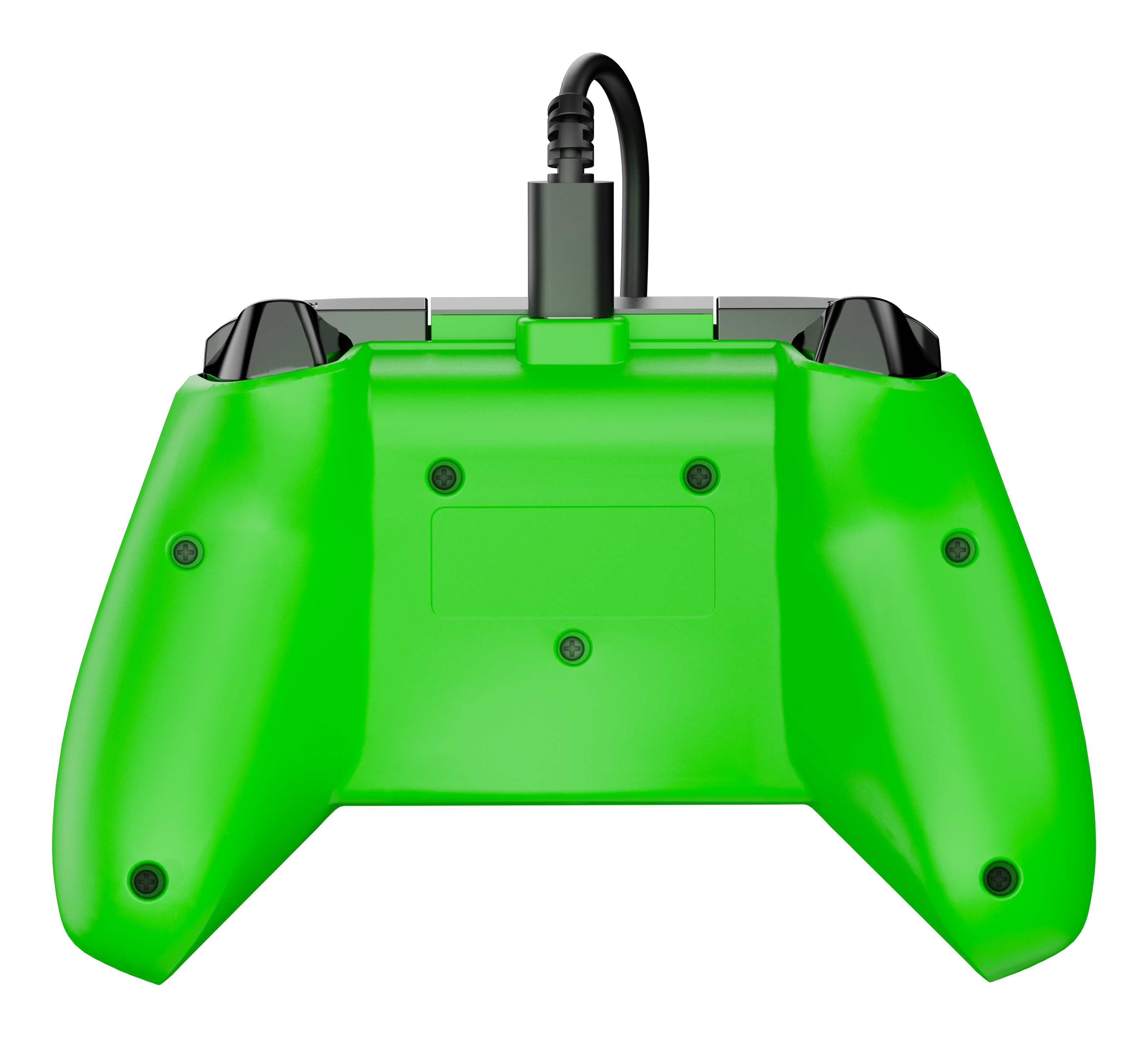Manette verte, vue arrière, avec le câble connecté. Des détails et des vis noirs sont visibles.