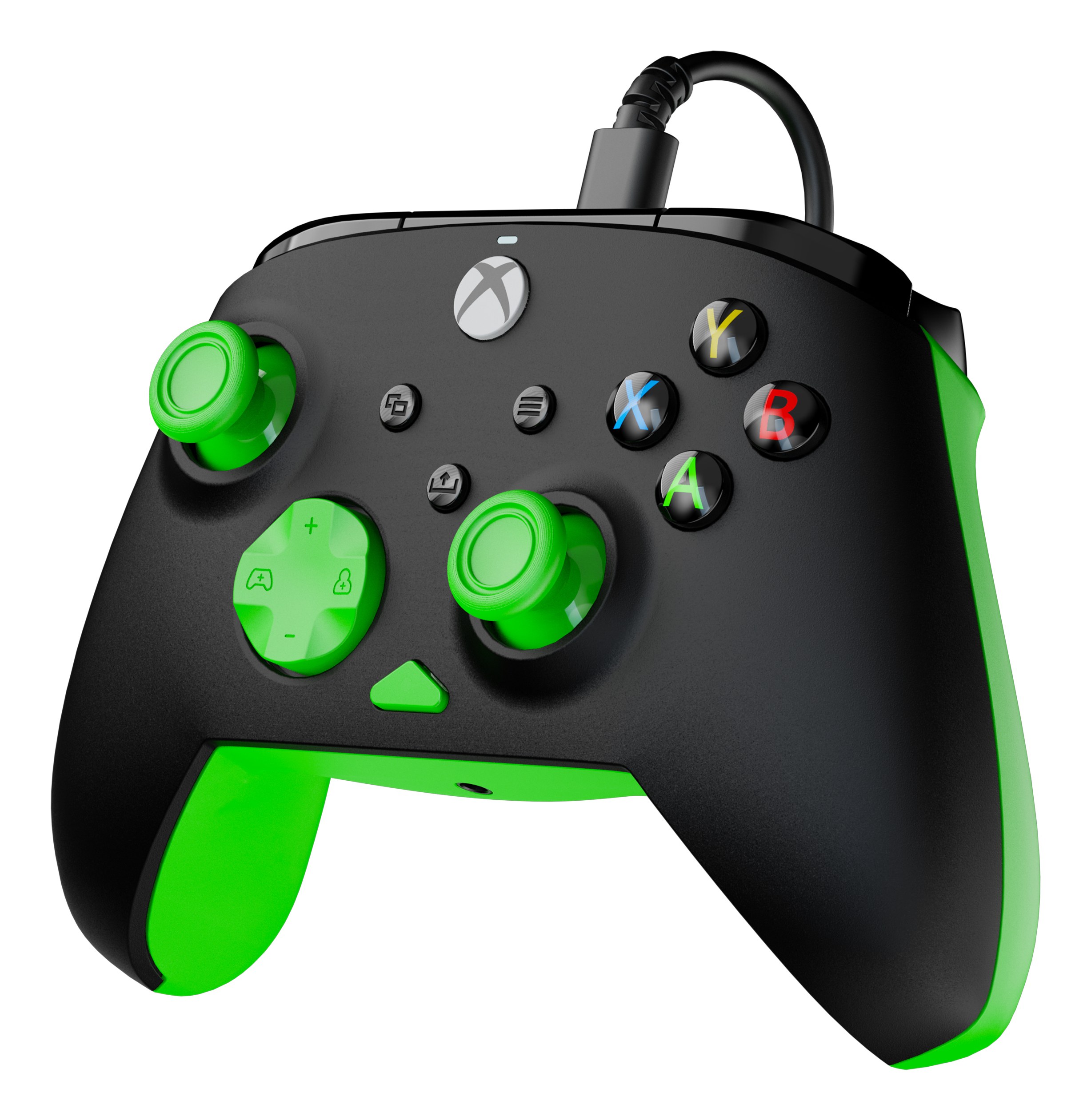 Une manette Xbox avec un corps noir et des boutons et poignées verts. Un câble est attaché.