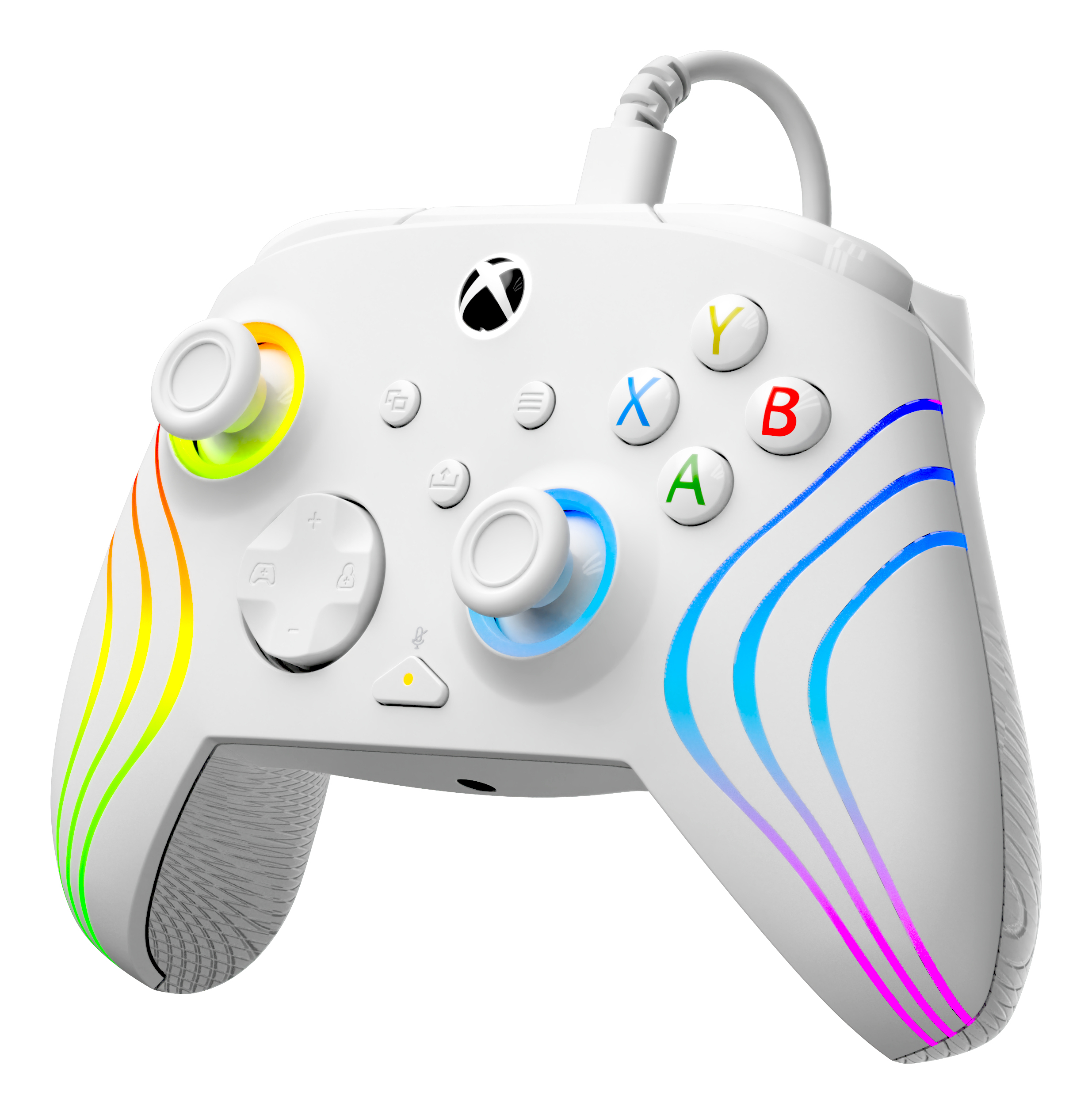 Gamepad bianco con luci colorate e cavo. I pulsanti sono etichettati con colori.