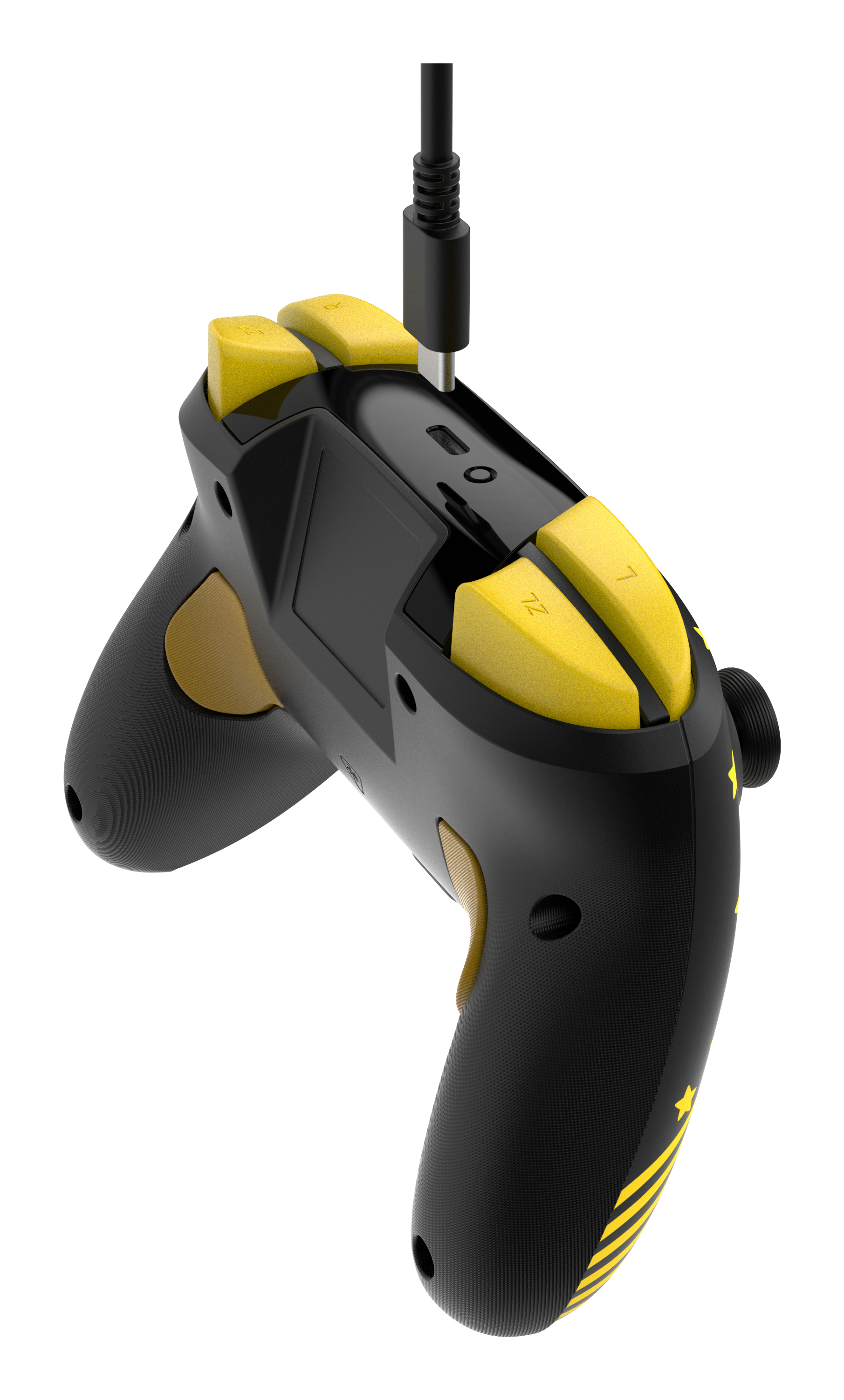 Gamecontroller, Rückansicht, schwarz mit gelben Knöpfen und Details. Kabel angeschlossen.