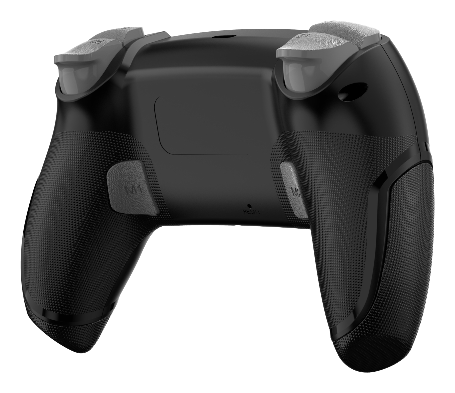 Gamepad nero dal retro con pulsanti grigi e impugnature strutturate.