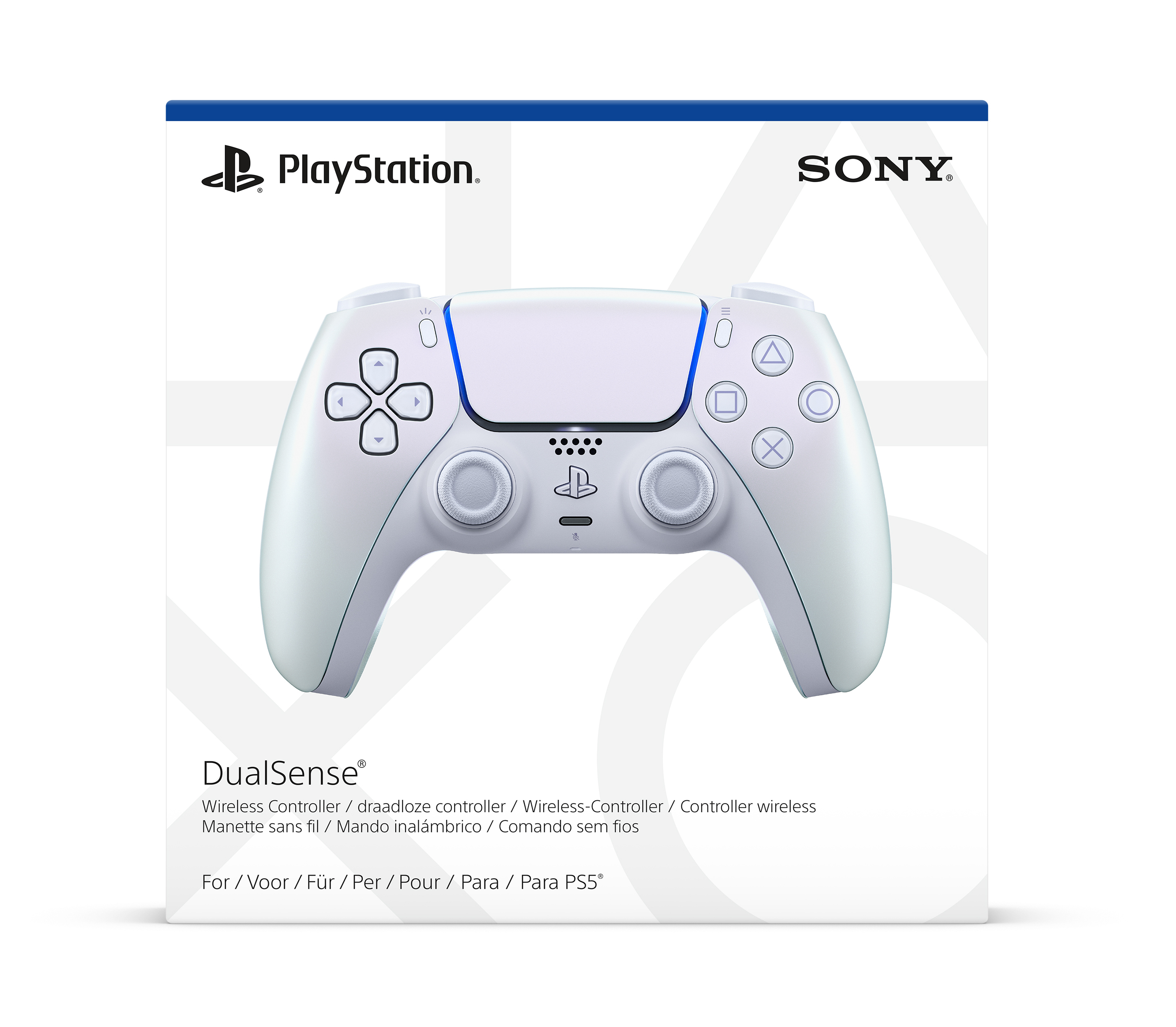 Biały kontroler PS5 DualSense w pudełku, z logo PlayStation i Sony.
