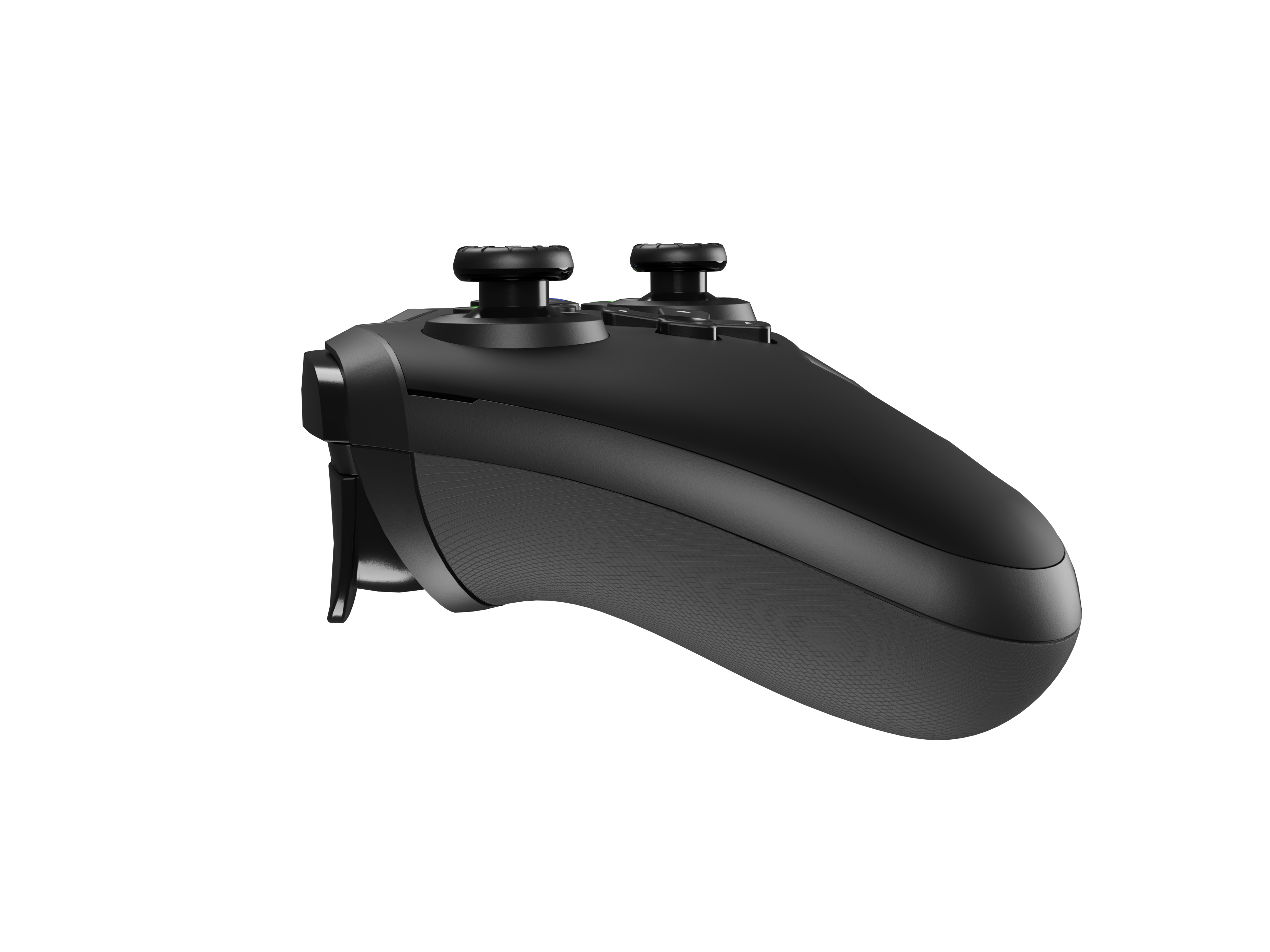 Black game controller with two joysticks and several buttons, angled against a white background.