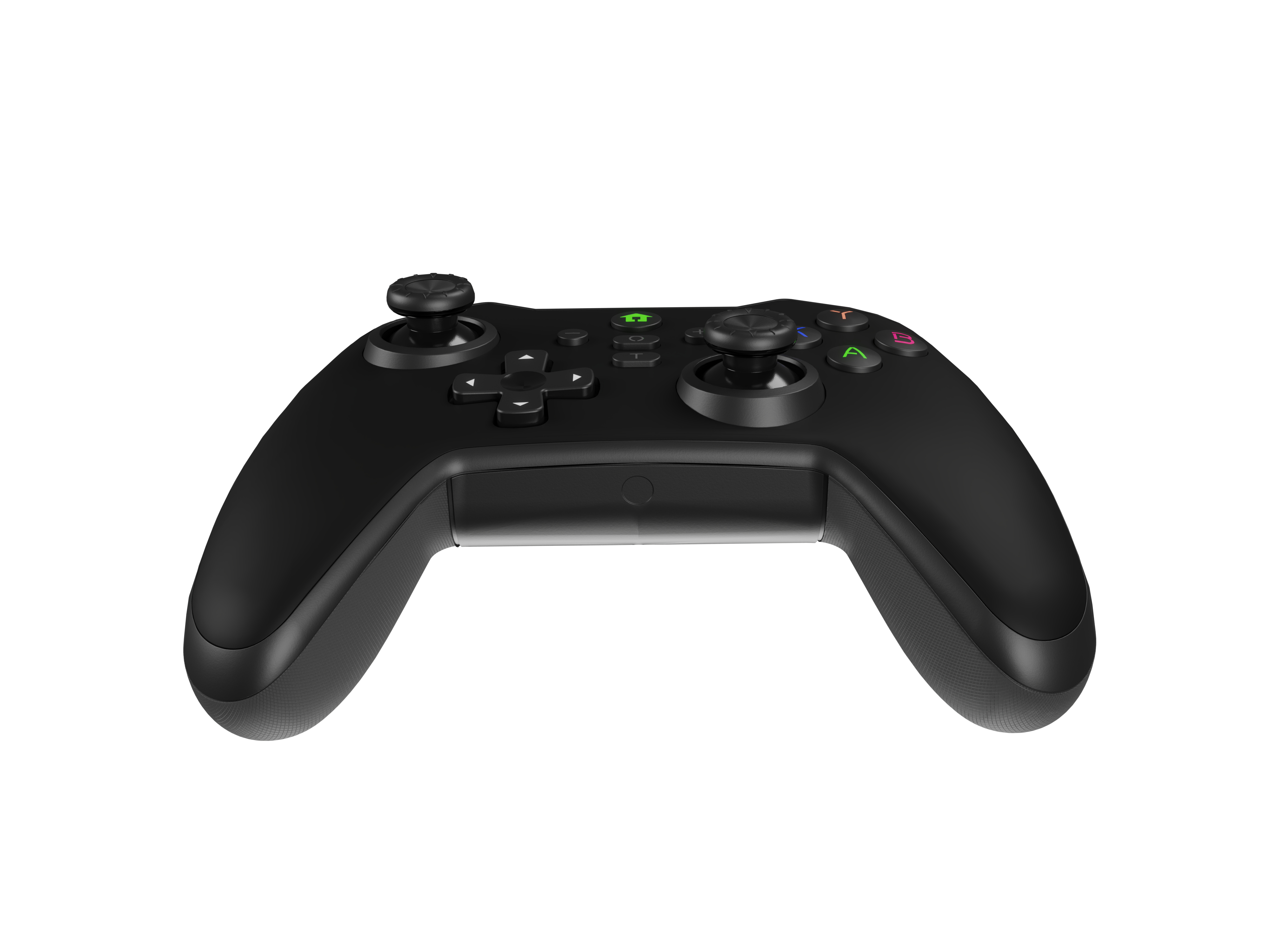 Black gaming controller with joysticks, D-pad, and colored A, B, X, Y buttons.