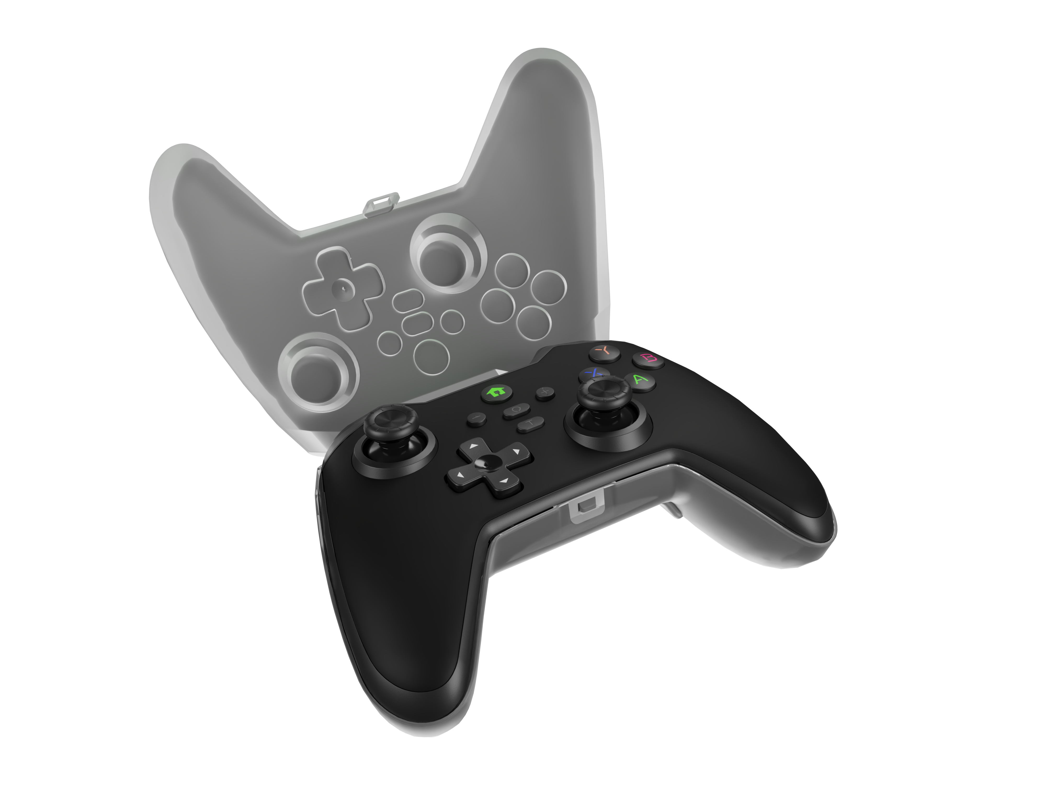 Black gaming controller with joysticks, D-pad, and colored A, B, X, Y buttons.