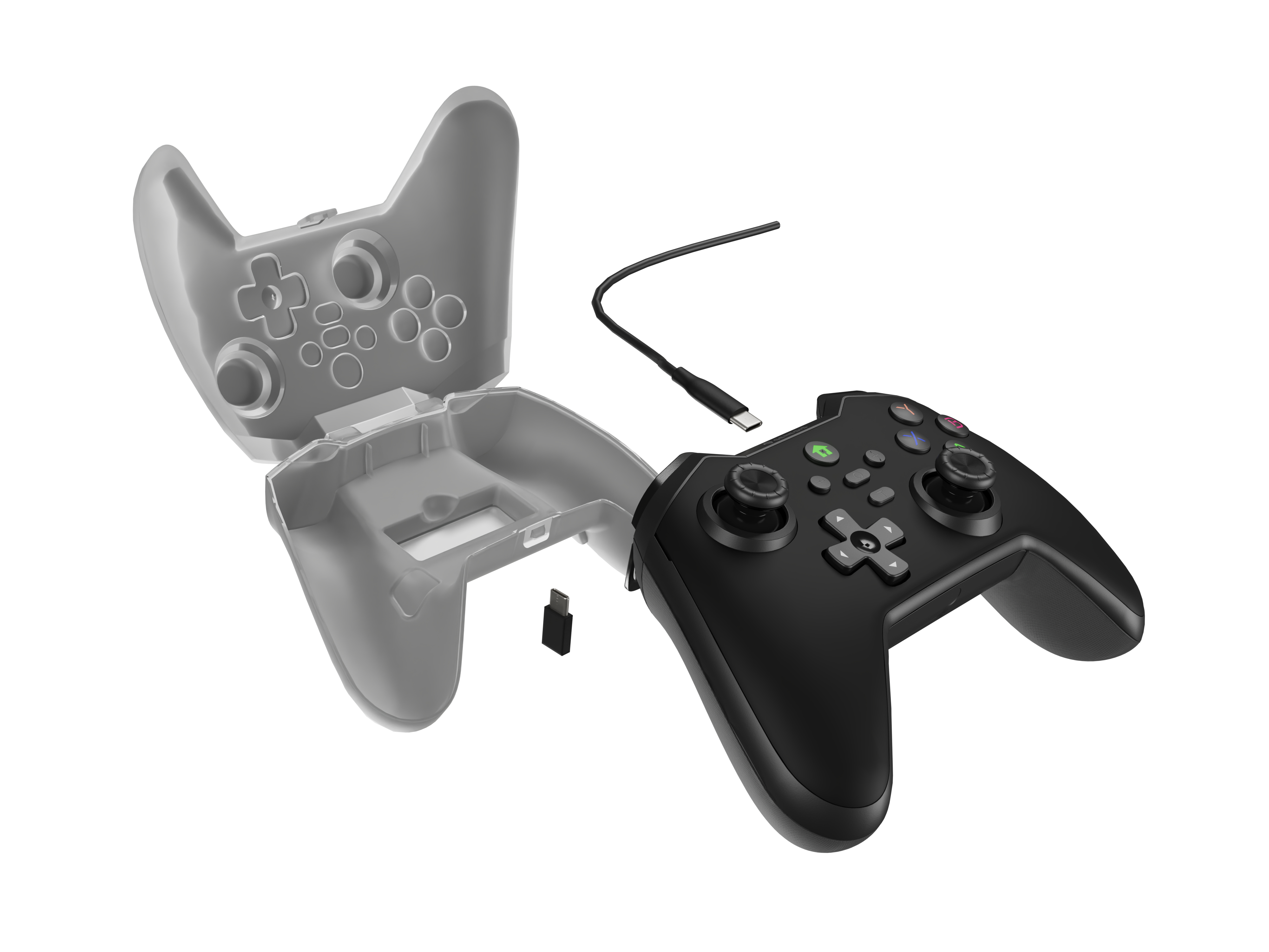 Black gaming controller with joysticks, D-pad, and colored A, B, X, Y buttons.