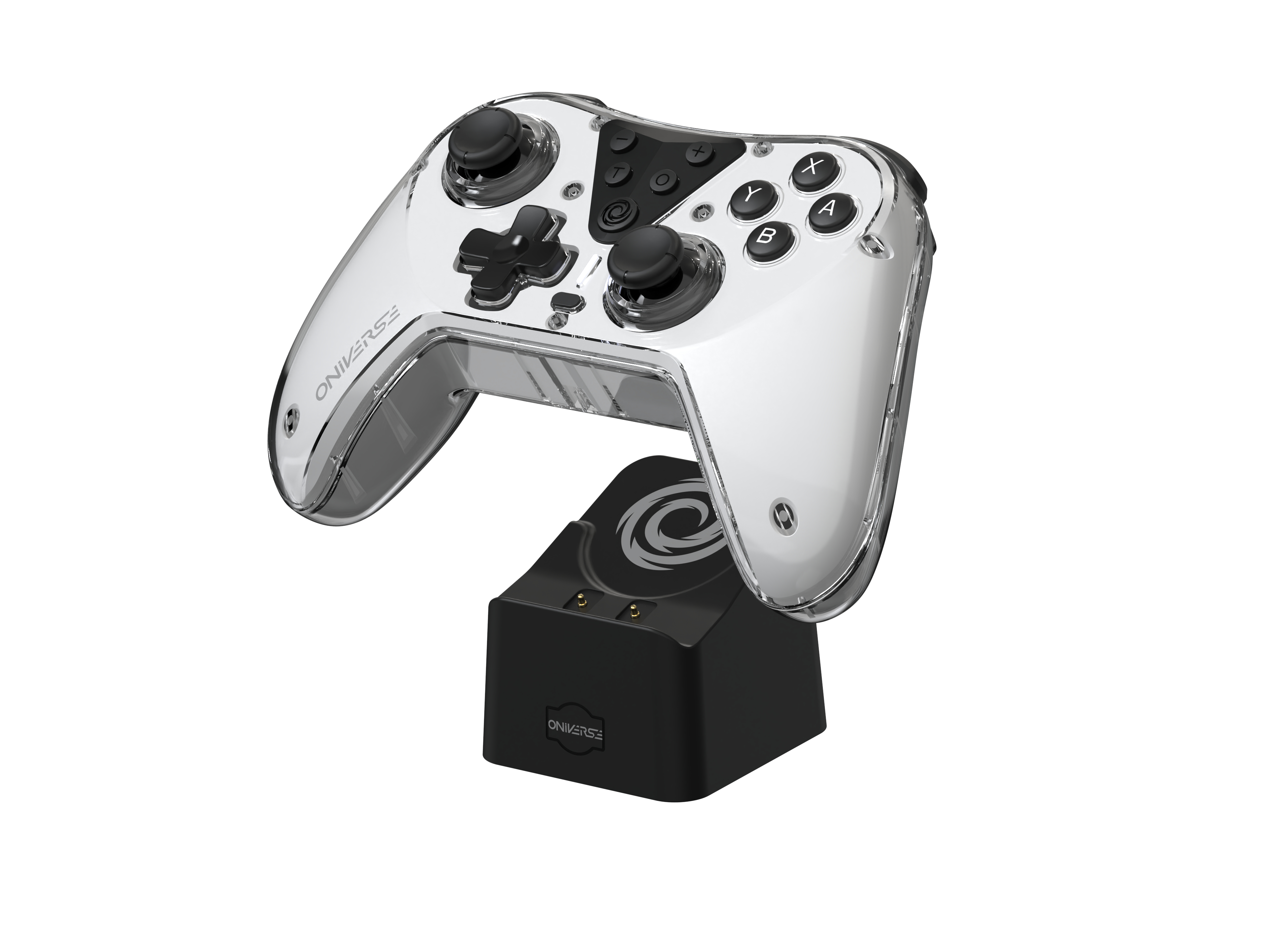 Un controller di gioco con custodia trasparente su una base di ricarica nera. Il controller ha pulsanti e joystick.