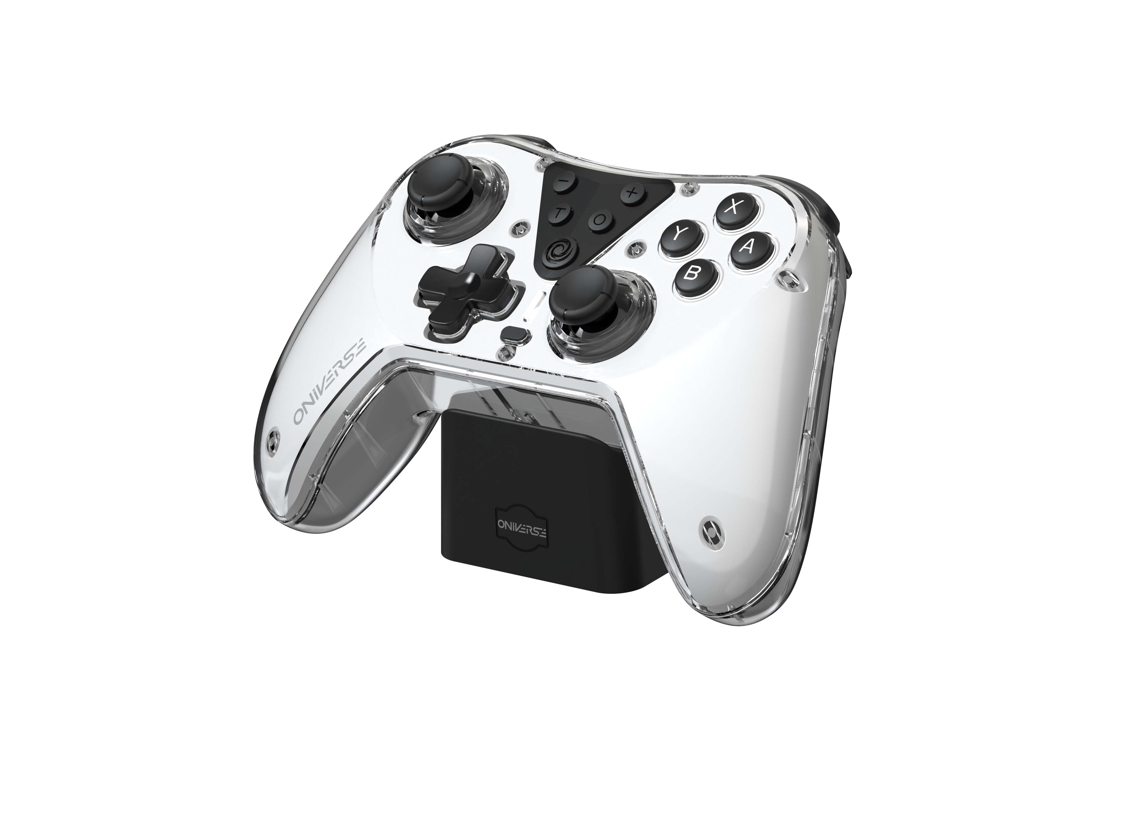 Controller di gioco trasparente con pulsanti neri, joystick e dock di ricarica.