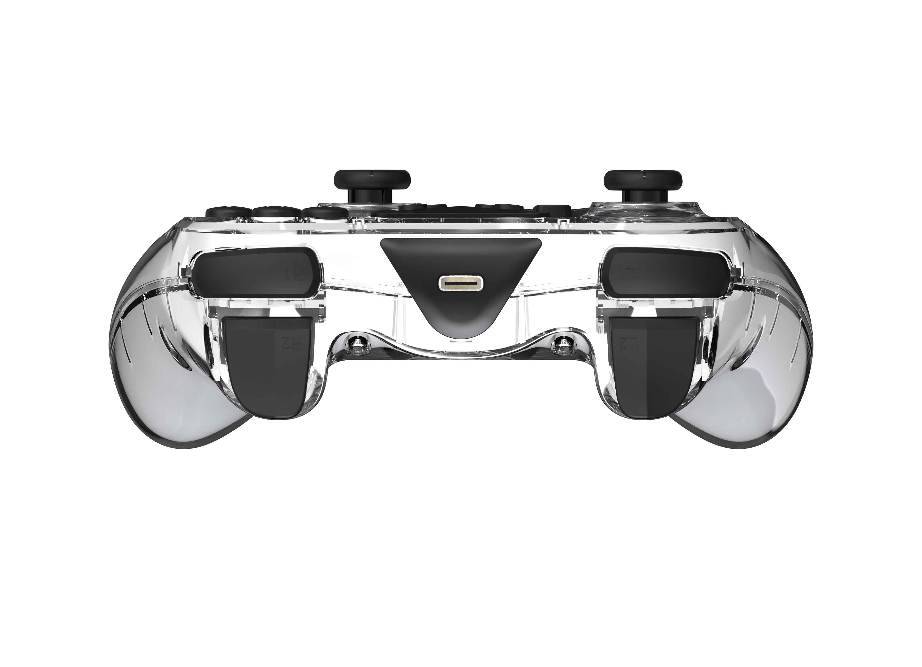 Controller di gioco trasparente con dettagli neri, pulsanti e porta di ricarica. Design elegante.