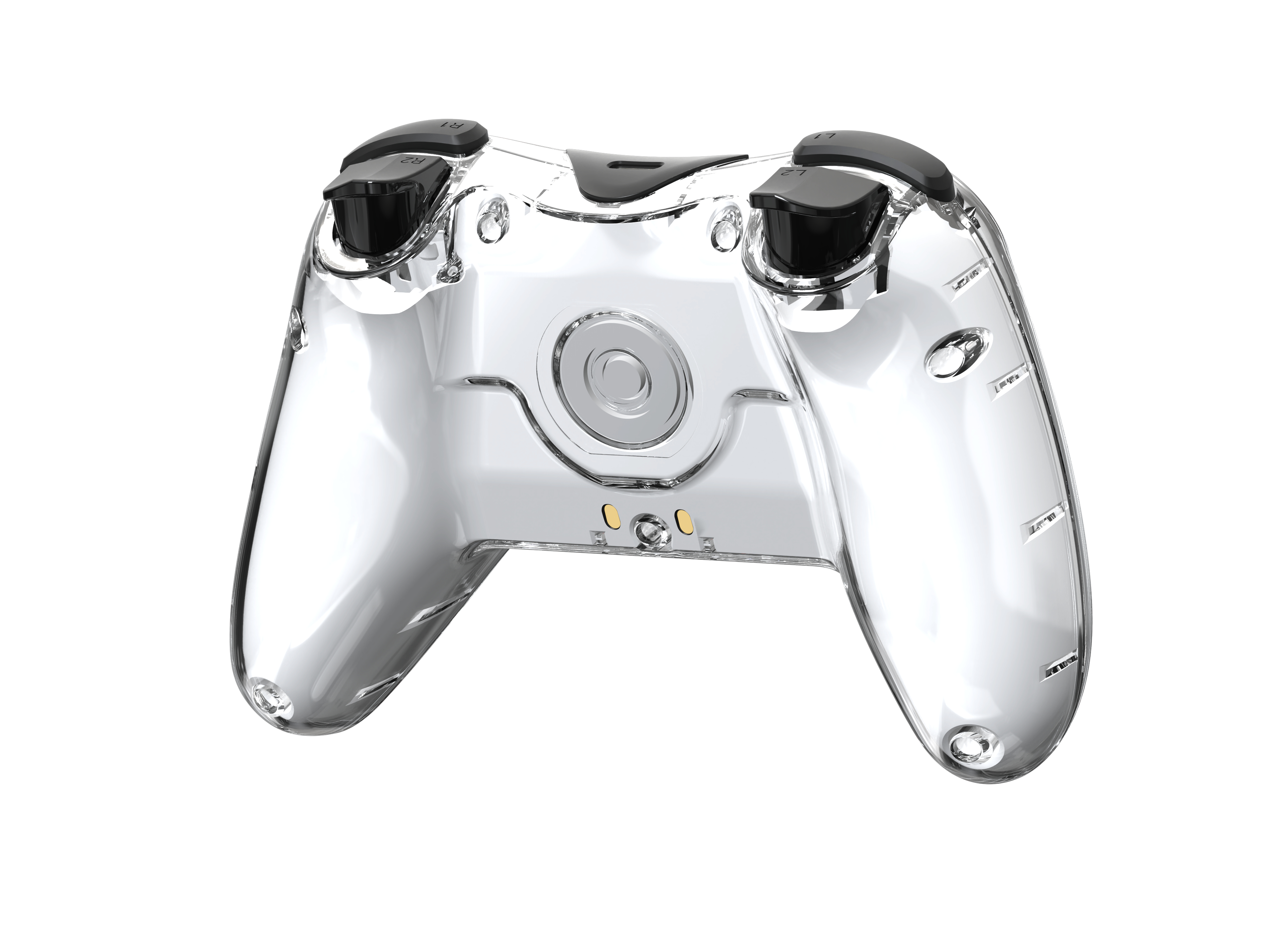 Controller di gioco trasparente che mostra il retro, con pulsanti neri. Pulsanti e design visibili.