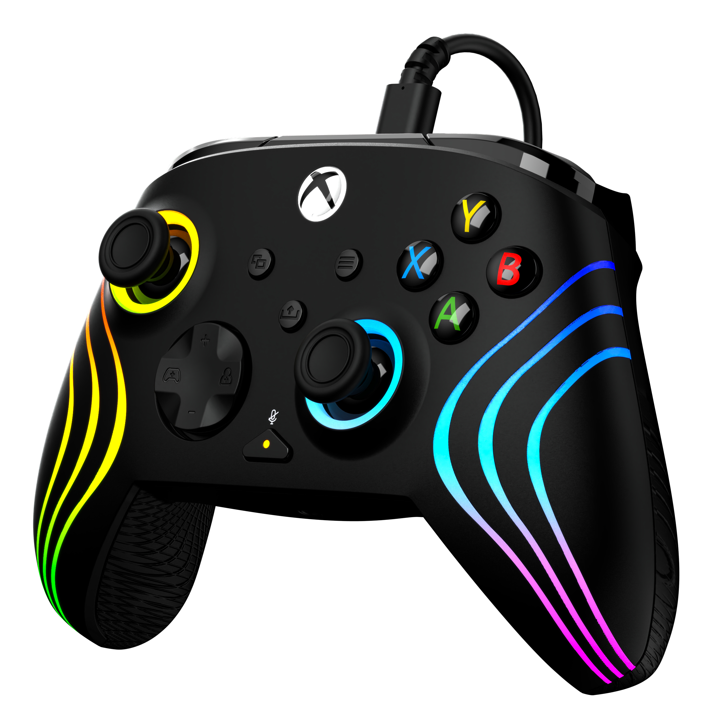 Black gaming controller with colorful LED lights and XYAB buttons.